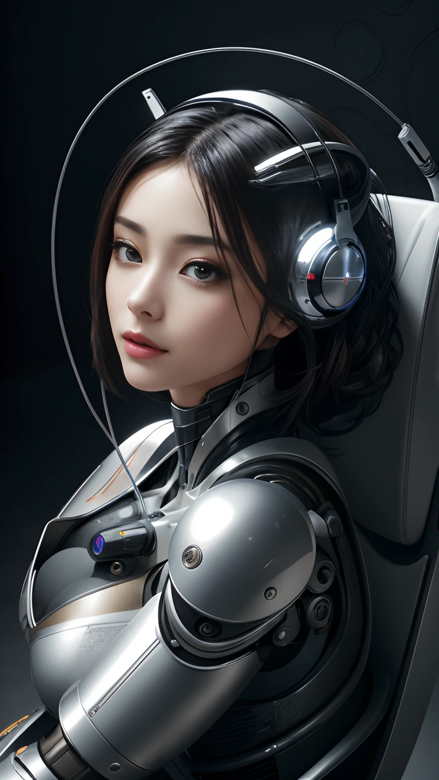cyborg robot parts,180 mm,Beautiful studio soft light,rim-light,vibrant detail,luxuriouscyberpunk,lacing,ultra-realistic realism,parfect anatomy,((((The face of a real Japanese beauty girl
)))),((Charging port,charging cable,antennas)),((sit on chair,Charging robot)),((There is very complex equipment next to it)),ellegance, beatiful background, rendering by octane, HR Giger style, 8k, best qualtiy, tmasterpiece, illustratio, very fine and beautiful, The is very detailed, the wallpaper, (fidelity, fidelity: 1.37), Amazing Cleavage, finely detailled, tmasterpiece, Best quality at best,offcial art,The is very detailed, CG unified 8k wallpaper,absurderes,unbelievable Ridiculous,droid,silver helmets,(((Full body photo))),(((Side photo)))