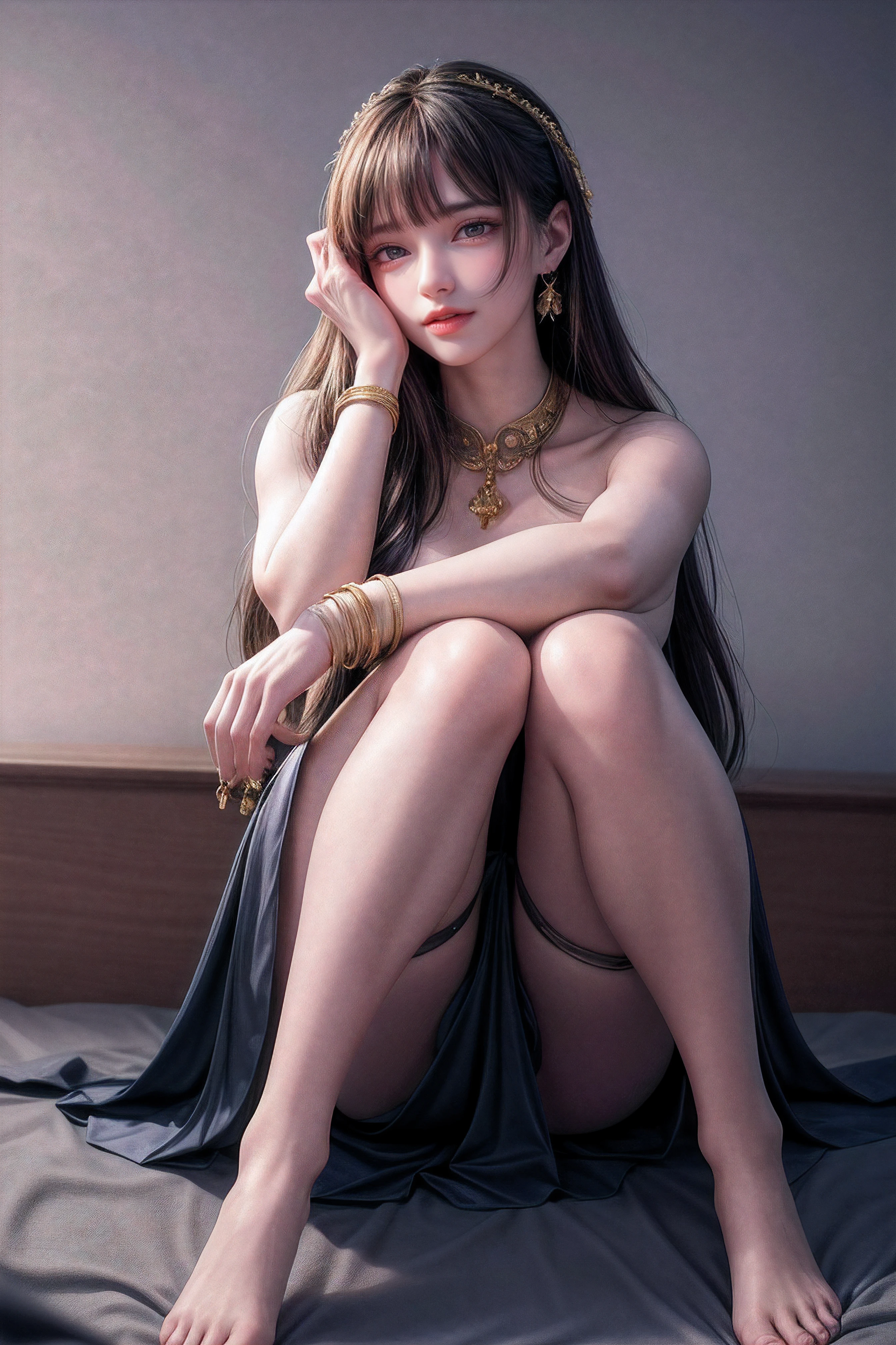 (8k, RAW photo, best quality, masterpiece:1.2),(realistic, photo-realistic:1.37),photo mapping,professional lighting,radiosity,1girl,solo,long_hair,(bracelet:1.1),(long legs:1.2),(earrings:1.1),physically-based rendering,proscenium,performance,be seated,Chinese dress,dark blue and gold dress,shinny dress,Correct hands,hands on legs,Close-up of the hand