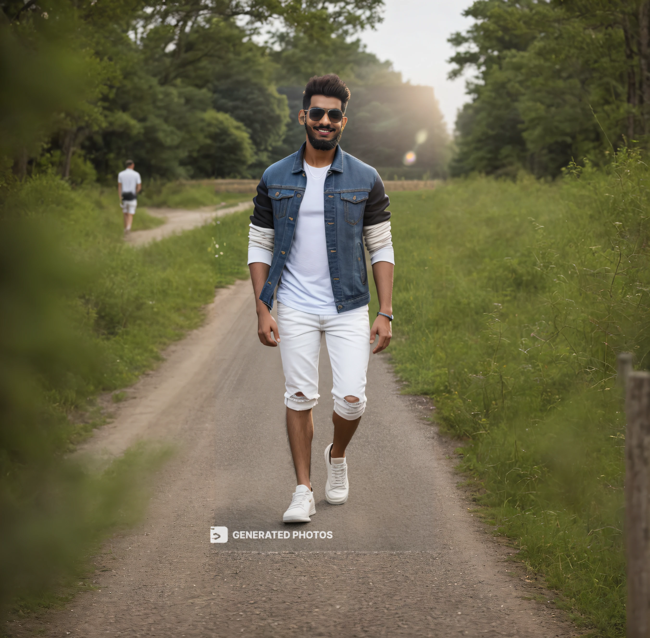 arafed man walking down a road wearing white shorts and a denim jacket, young man with short, wearing white clothes, white sleeves, handsome male, white shorts and hiking boots, beautiful young man, outfit : jeans and white vest, raphael personnaz, wearing a jeans jackets, wearing tight simple clothes, attractive and good looking, wearing casual clothes, wearing casual clothing