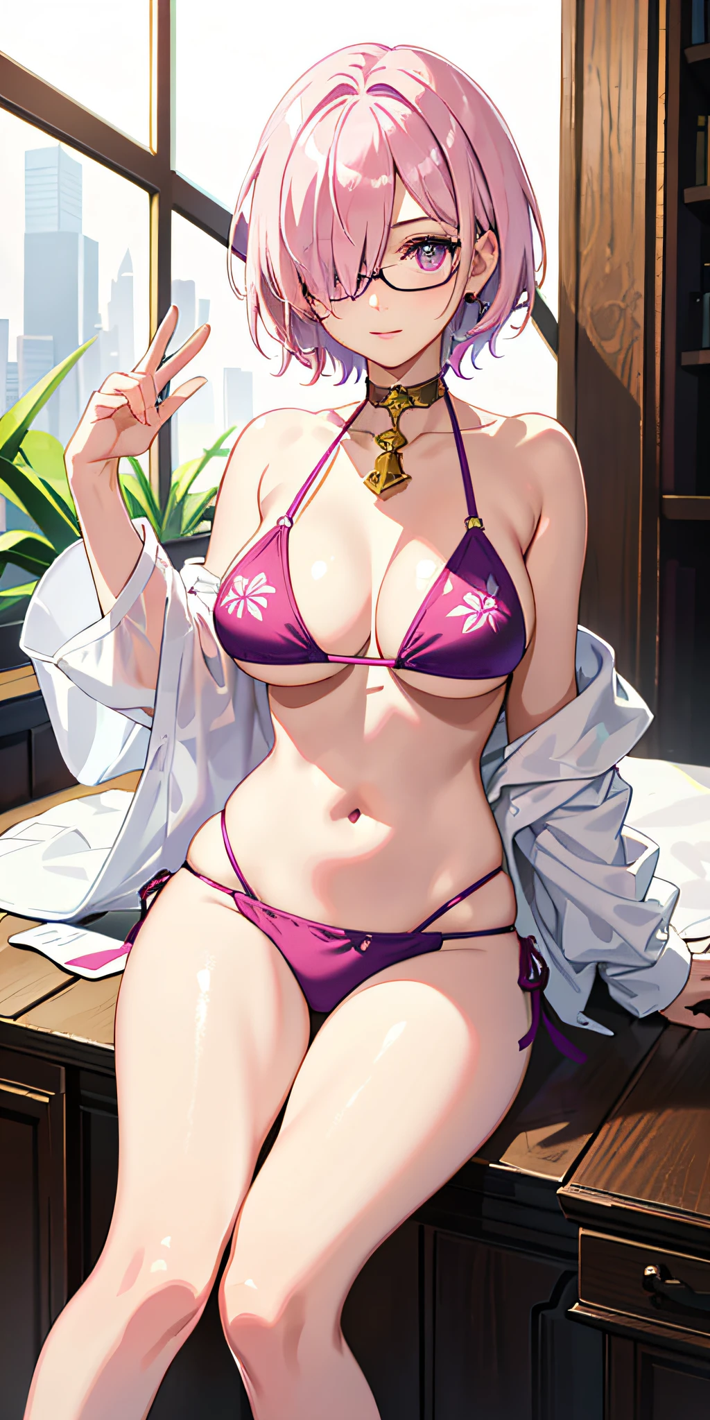 masterpiece, best quality, ultra-detailed, illustration,(1girl),(((mash kyrielight))),pink hair, short hair, purple eyes,((hair over one eye)),black glasses,(((bikini))), beautiful detailed eyes, looking at viewer, close up, (breast focus), pink hair, shy, 14years old, full body
