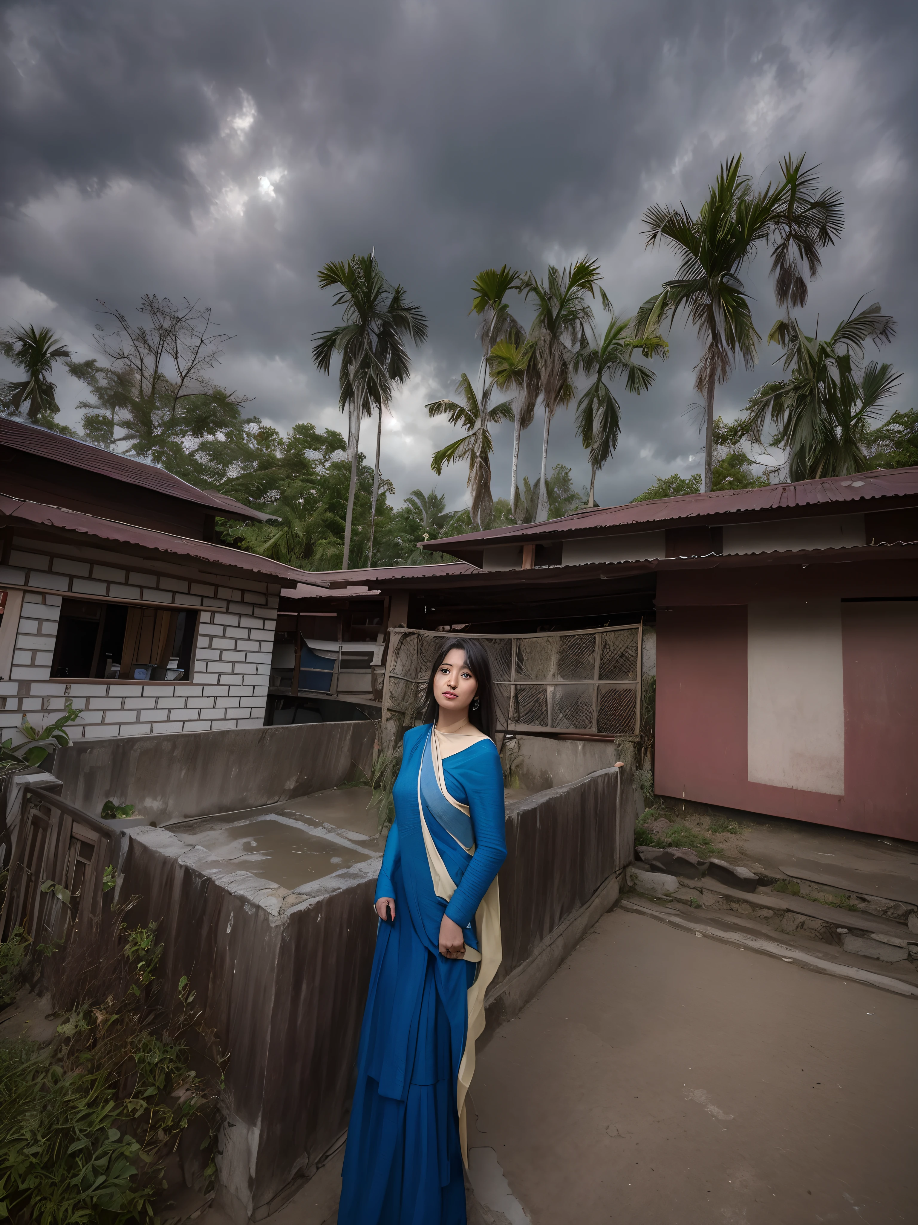 there is a woman standing outside of a house with a blue dress, standing outside a house, assamese aesthetic, taken with sony alpha 9, taken with the best dlsr camera, photo taken in 2 0 2 0, with village, in a village, portait image, assam tea village background, amidst of nature fully covered, in front of a temple