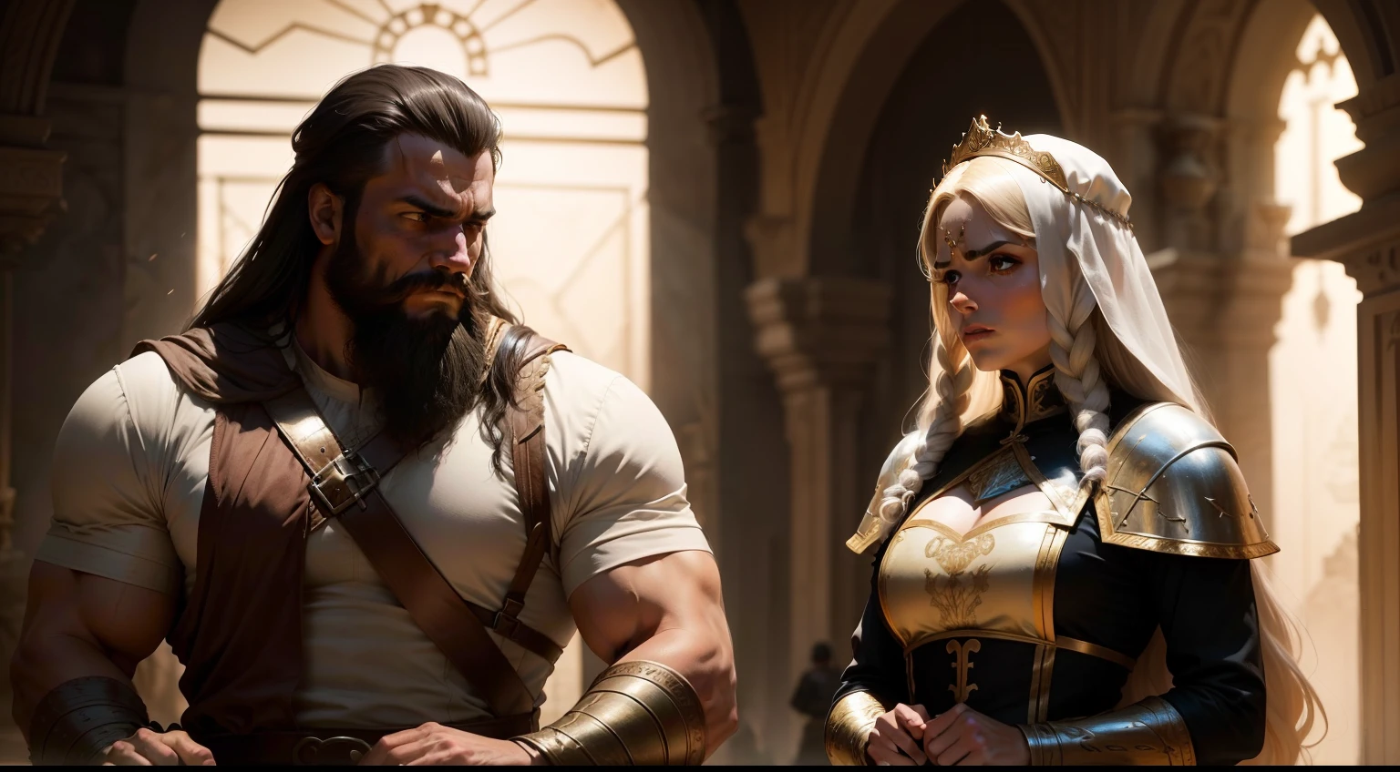 Create an image that depicts the scene where Jael hides Sisera's strongman,guerreiro careca e com barba debaixo de um tapete, with both characters wearing costumes typical of biblical times. The scene should be represented in an artistic style that combines elements of tension and surprise, while Sisera, with an expression of surprise and fear, must also be wearing historical costumes. Lighting should emphasize the shadows, criando um ambiente misterioso e tenso. Be sure to capture the details of the scene realistically and convey the emotion of the moment.