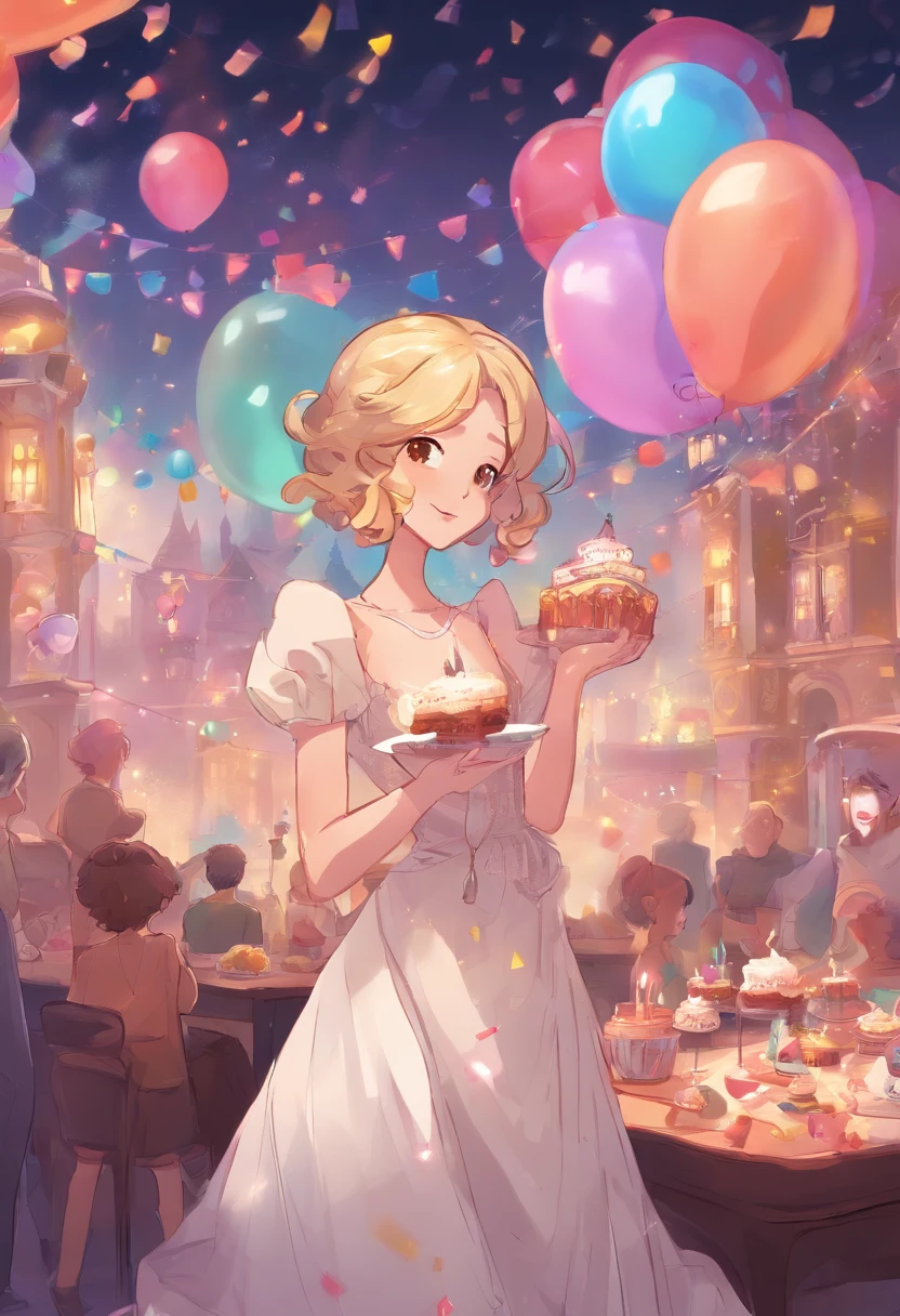 Girl in long dress with short hair is happily eating birthday cake. Hair color is blonde, And the right side is knitted. She wears a cute white dress decorated with sparkling diamonds. The place is a party venue where she is celebrating her birthday. Balloons, Confetti, And colorful decorations fill the air, Create a festive atmosphere. The lighting is warm and beautiful, Bring a soft glow to the scene, The colors are vivid。