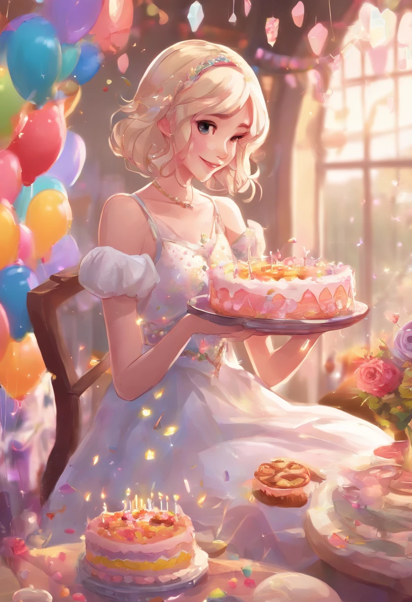 Girl in long dress with short hair is happily eating birthday cake. Hair color is blonde, And the right side is knitted. She wears a cute white dress decorated with sparkling diamonds. The place is a party venue where she is celebrating her birthday. Balloons, Confetti, And colorful decorations fill the air, Create a festive atmosphere. The lighting is warm and beautiful, Bring a soft glow to the scene, The colors are vivid。