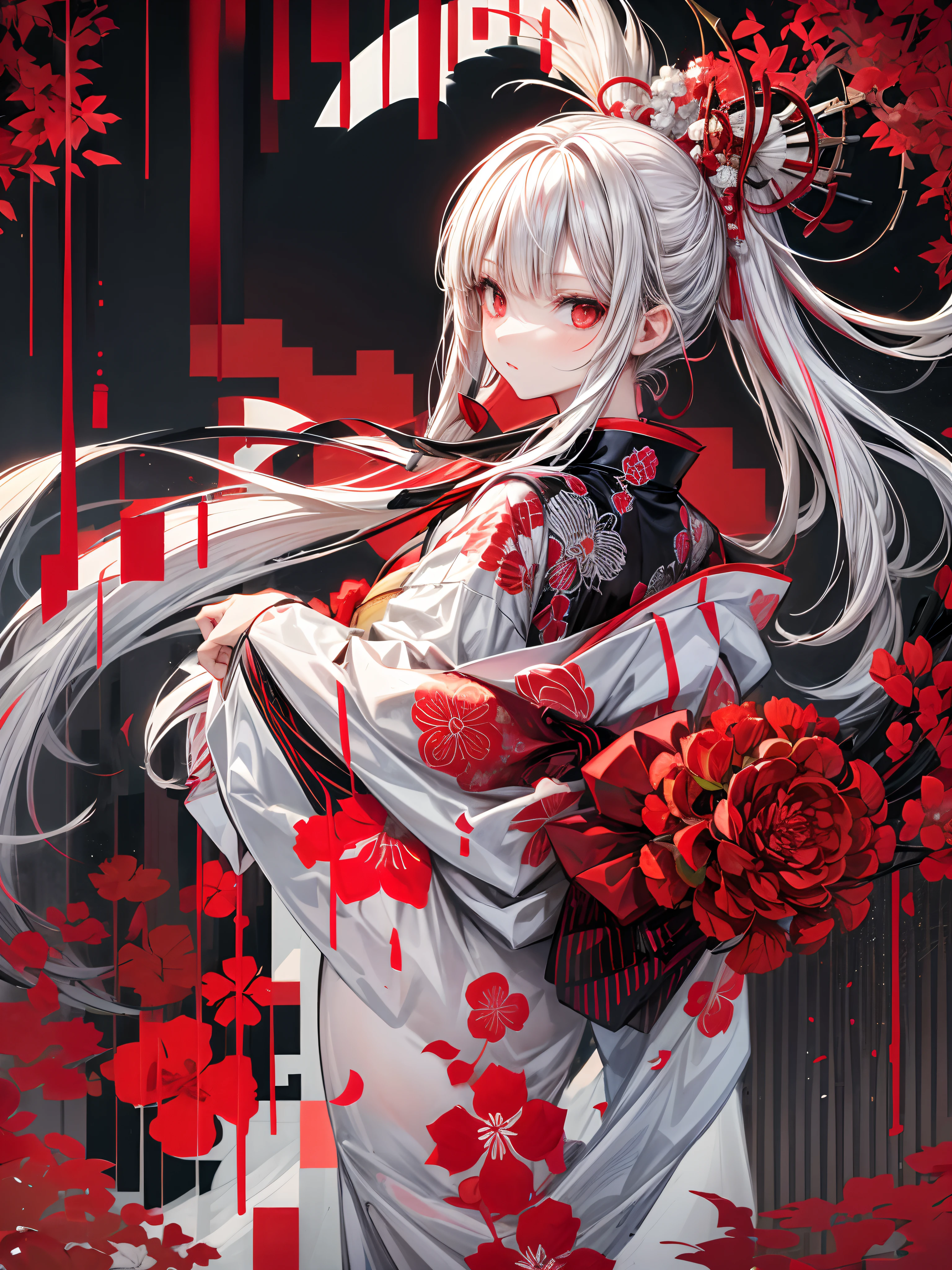 Girl in kimono standing with Japanese sword, white medium hair, red eyes, red lips, kimono with red cluster amaryllis pattern on black background, red splash pattern on black background, super high quality, super fine detail, super fine kimono pattern