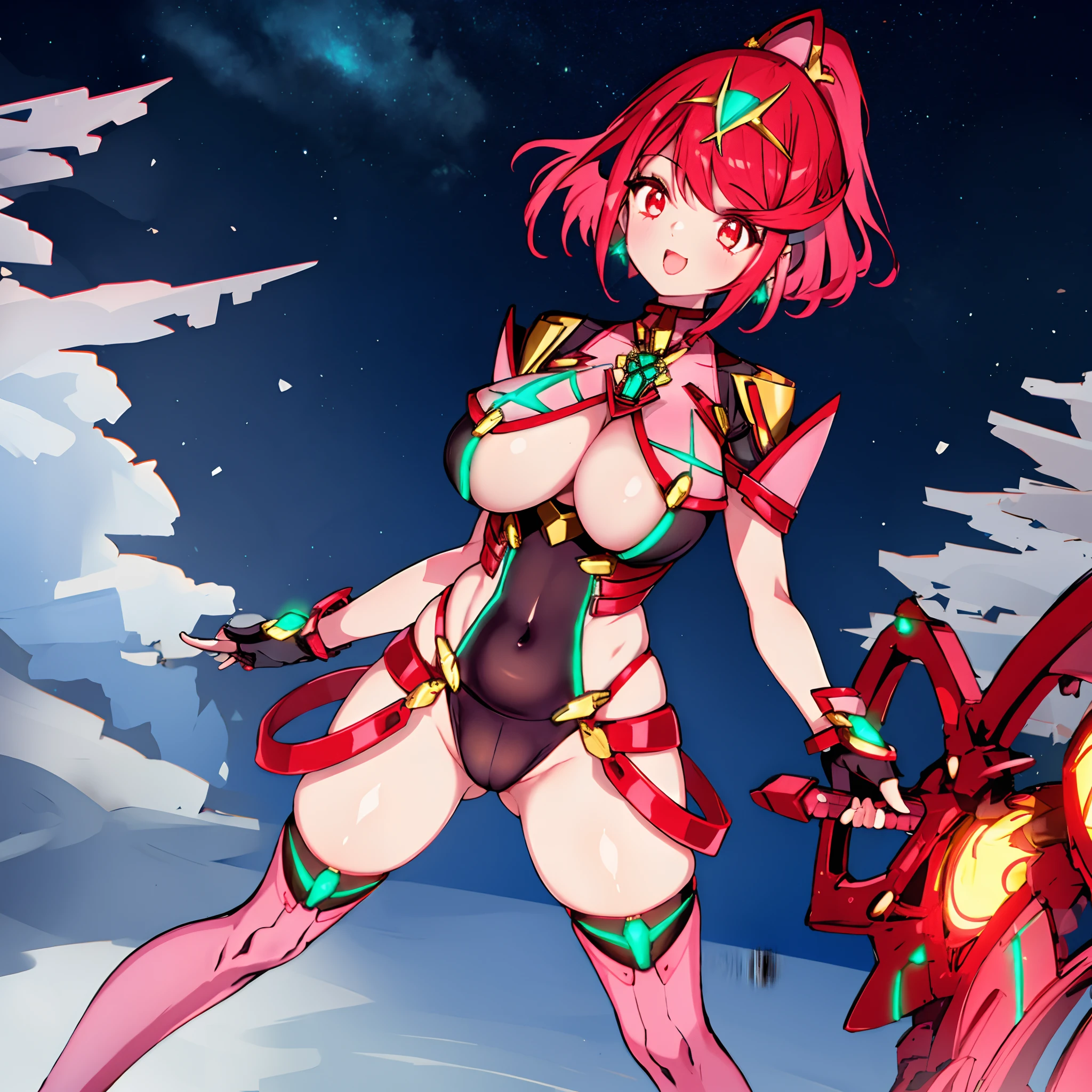 pyra \(xenoblade\), teen_1girl, ****, bangs, black gloves, breasts, red eyes, light_open_mouth, earrings, eyelashes, fingerless gloves, floating hair, , gem, gloves, hair ornament, headpiece, jewelry, big_breasts, leaning back, swimsuit, neon trim, official art, pose, red hair, saitou masatsugu, short hair, sidelocks, skin tight, solo, swept bangs, thighhighs, tiara, fantasy_town_background, underbust, xenoblade chronicles \(series\), (xenoblade chronicles 2), (spread_legs:1.1), fire_effect,dynamic_pose,fighting,light_smile, (plump:1.1), big_ass,huge_sword, hold_large_sword_hilt, covered_nipples, covered_pussy,back_view, fists,ponytail,plump,beautiful_fingers,(solo:1.1), bare_shoulder,