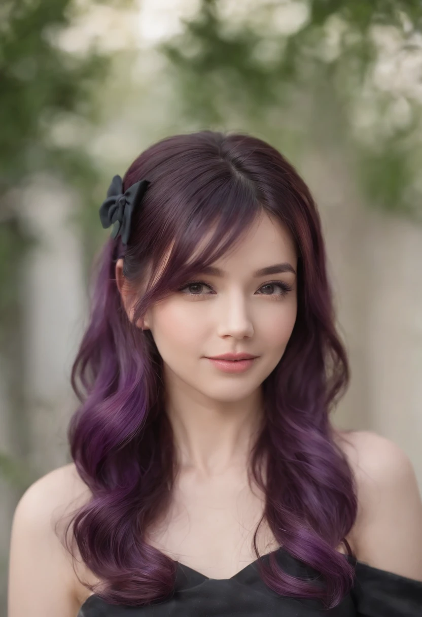 streaked hair, purple hair, black hair, long hair, hair bow, light smile, blush, happy, modern, backlighting, character chart, first-person view, masterpiece, 8k, highres, best quality, high details, textured skin