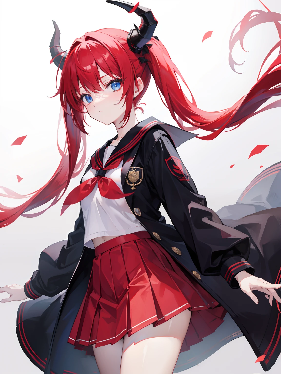 red hair, blue eyes, twintails, Sailor suit,black coat, Dragon horns,Pleated skirt,solo,bow