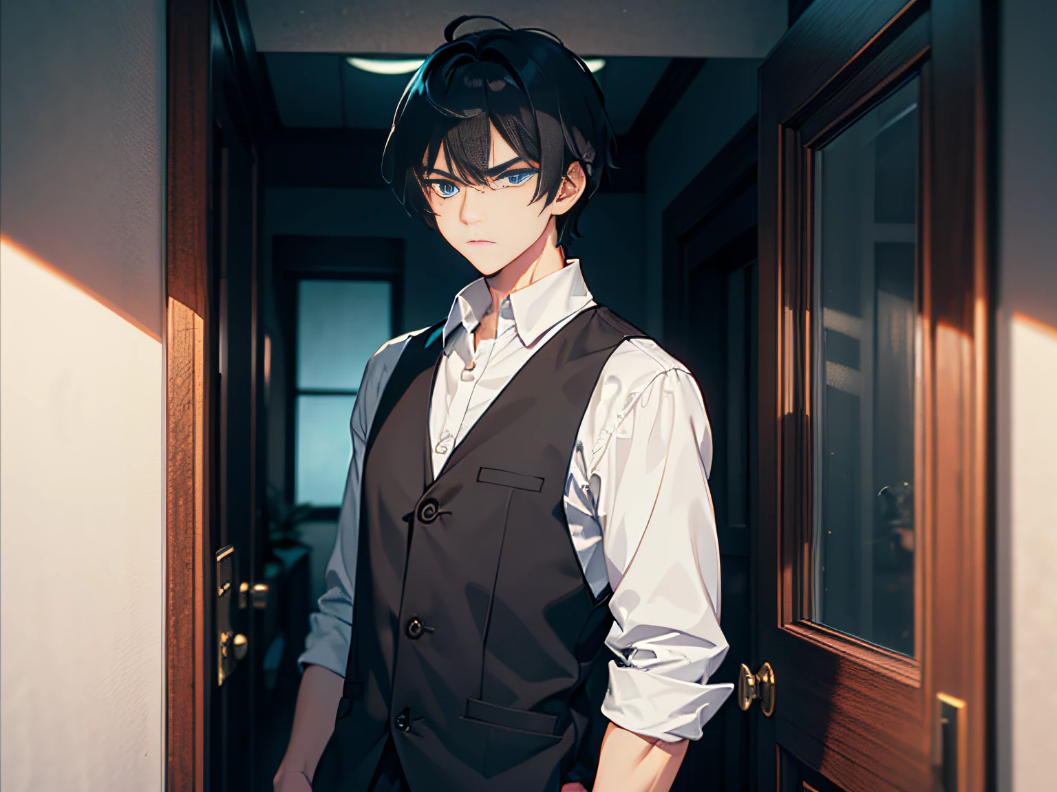 A handsome boy。Upper body face，Black color hair。blue color eyes，Standing in the doorway，The expression is cold，Angry anime illustration，A 4K ultra-clear masterpiece