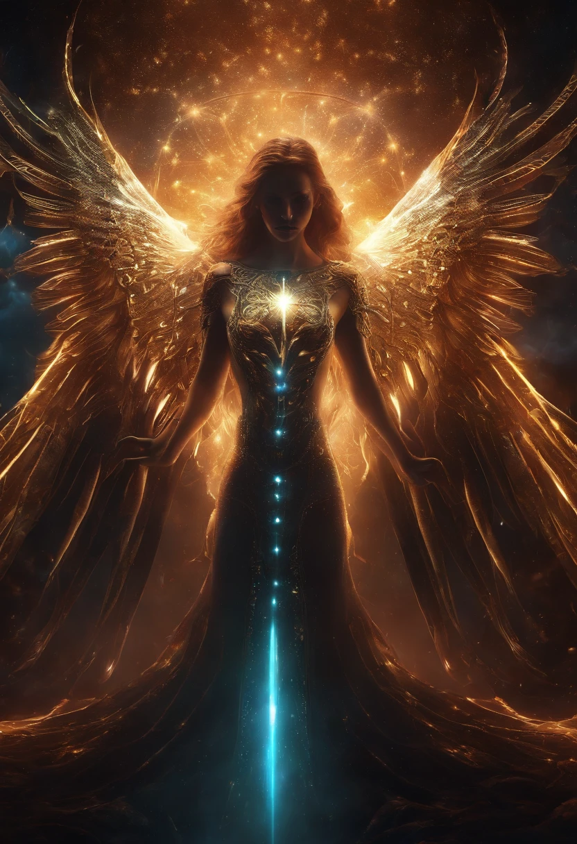 Fallen Angels of the Universe, glowing light eyes, biomechanical, eery, creepy, nightmarish, Very bright colors, light Particle, with light glowing, Musif, Wallpaper Art, UHD Wallpapers