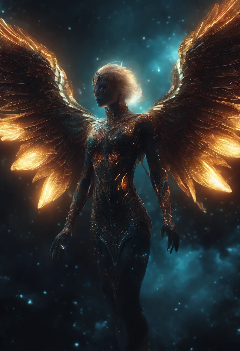 Fallen Angels of the Universe, glowing light eyes, biomechanical, eery, creepy, nightmarish, Very bright colors, light Particle, with light glowing, Musif, Wallpaper Art, UHD Wallpapers