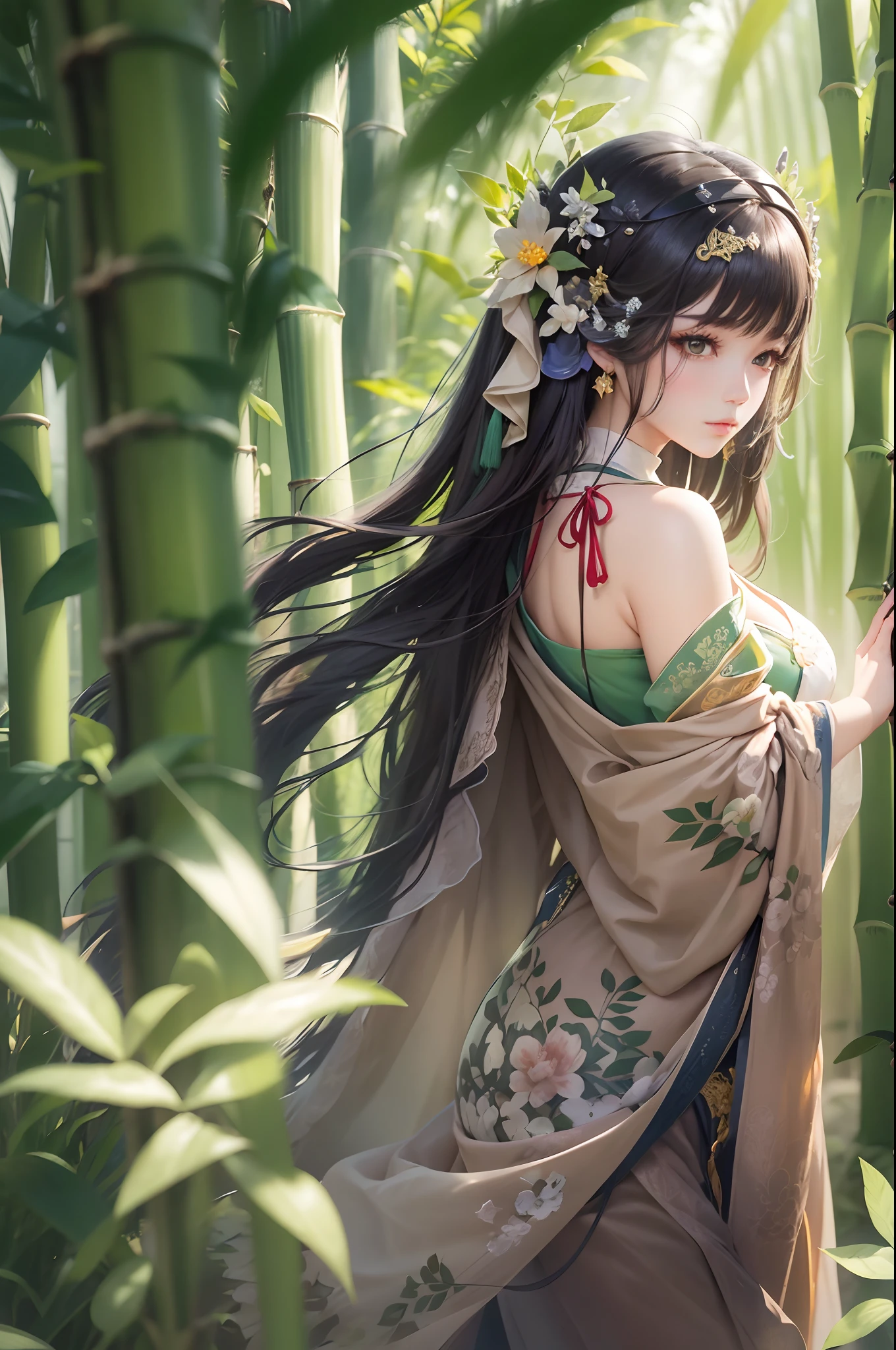 warmly lit，Smooth skin，Super light and shadow，tmasterpiece，In the sea of bamboo，Gentle eyes，（Sunshine 1.2）The sun shines on the face through the bamboo forest，closeup cleavage，Green background，Long black haired girl in Chinese costume，There are delicate headdresses