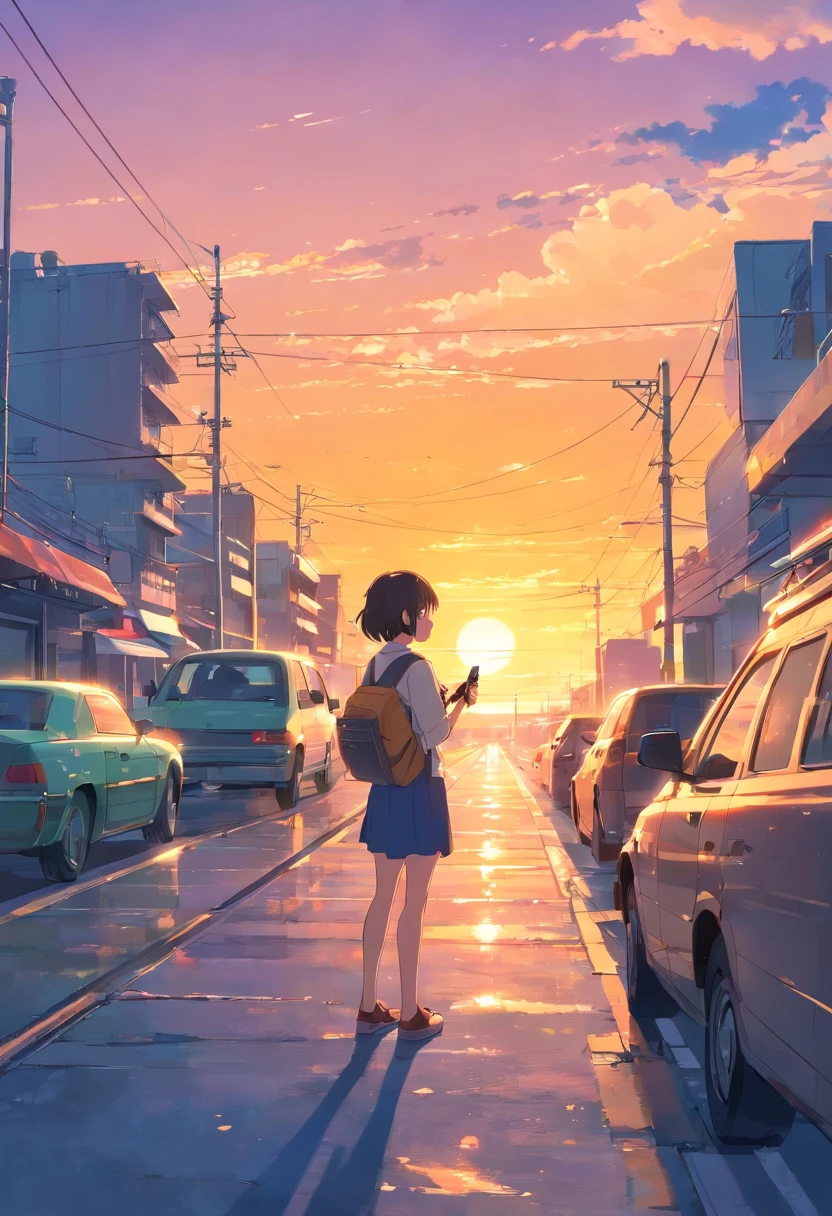 A photographer at work, em uma rua com muitas pessoas, sky with sunset,