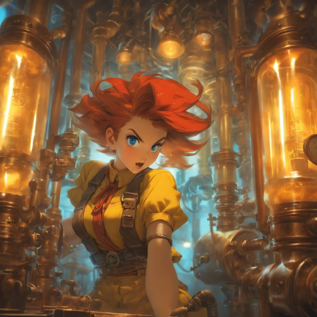 official art, absurdres, highres, masterpiece, hyper-photorealistic, ultra-detailed, perfect anatomy, (cowboy shot:1.5), (1 girl:1.5), (a girl, serious face, close mouth, yellow work clothes, red hair color, short hair style, large breasts, blue eyes:1.5), (repairing a antique electric machine on the work desk, machine with many vacuum tubes and harnesses:1.8), perfect lighting, beautiful lighting BREAK ( antique boiler in a laboratory, walls are covered with vacuum tubes and pipings, antique analog pressure gauges:1.5), (dynamic pose, dynamic angle:1.5),