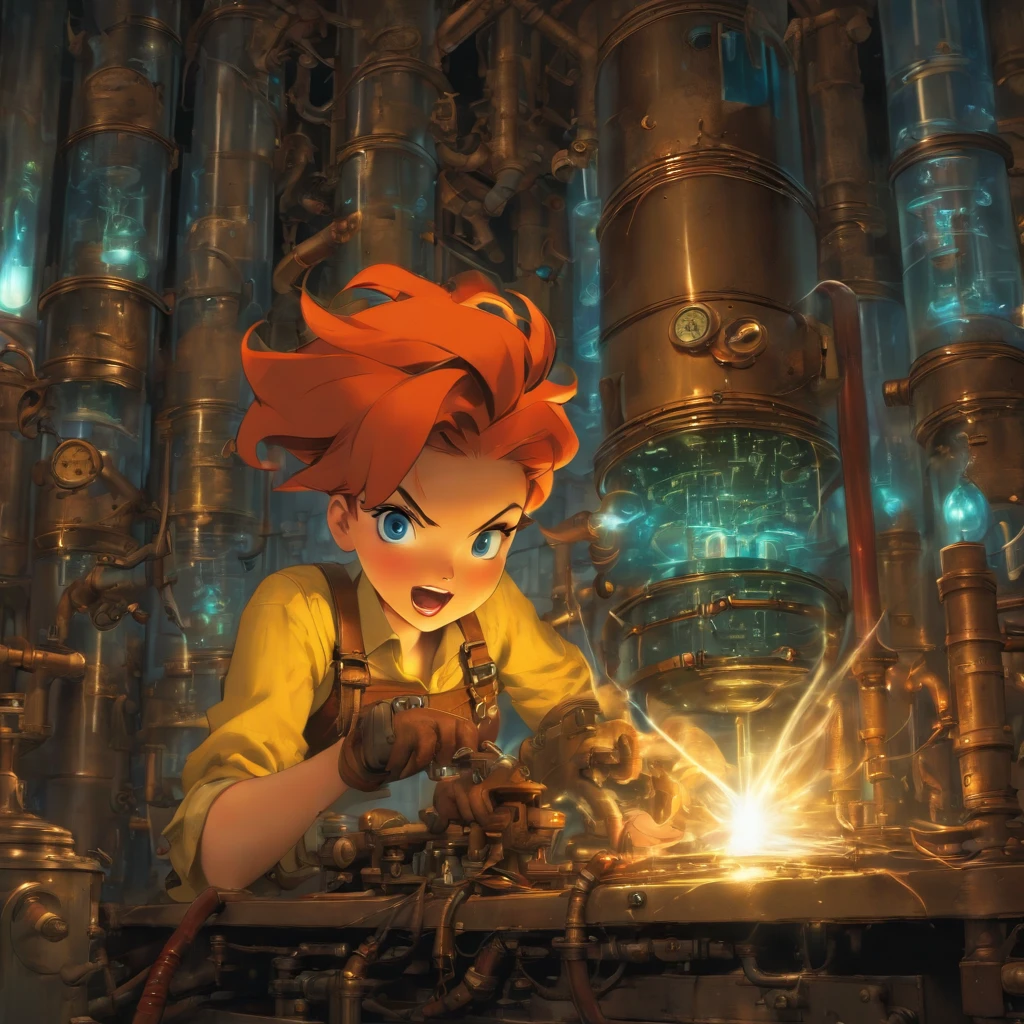 official art, absurdres, highres, masterpiece, hyper-photorealistic, ultra-detailed, perfect anatomy, (cowboy shot:1.5), (1 girl:1.5), (a girl, serious face, close mouth, yellow work clothes, red hair color, short hair style, large breasts, blue eyes:1.5), (repairing a antique electric machine on the work desk, machine with many vacuum tubes and harnesses:1.8), perfect lighting, beautiful lighting BREAK ( antique boiler in a laboratory, walls are covered with vacuum tubes and pipings, antique analog pressure gauges:1.5), (dynamic pose, dynamic angle:1.5),