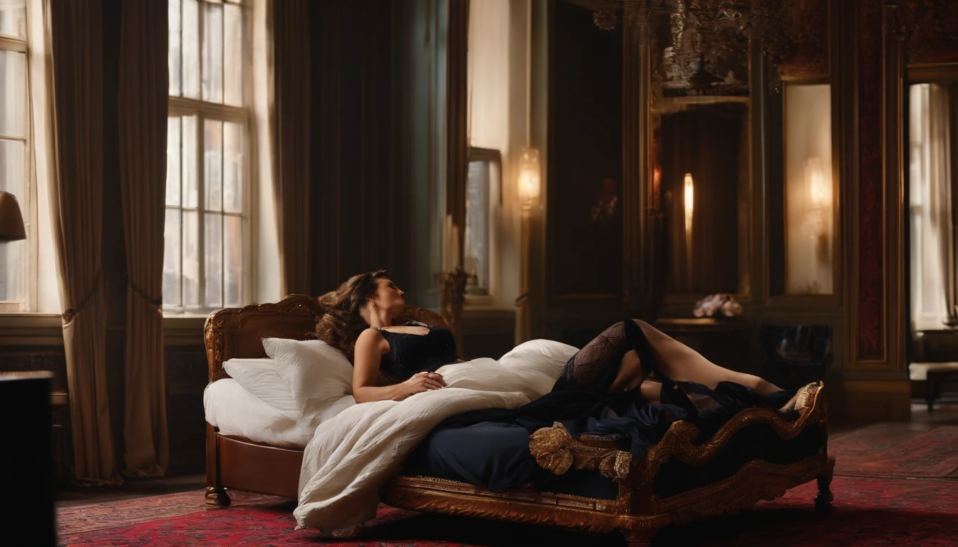 A 35-year-old woman lies on a bed wearing black stockings