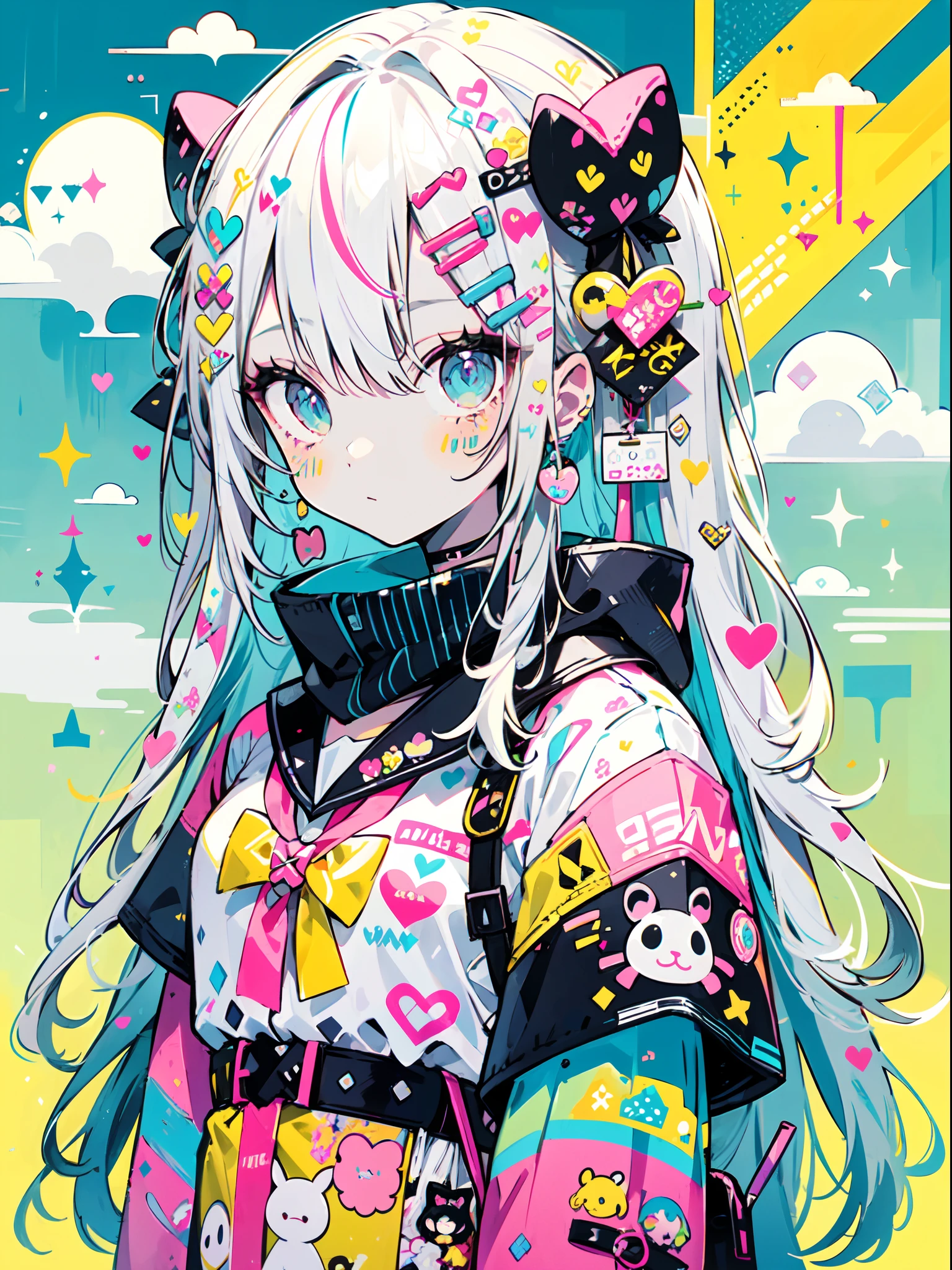 "kawaii, Cute, Adorable girl in pink, yellow, and baby blue color scheme. She wears sky-themed clothing with clouds and sky motifs. Her outfit is fluffy and soft, With decora accessories like hair clips. She embodies a vibrant and trendy Harajuku fashion style."