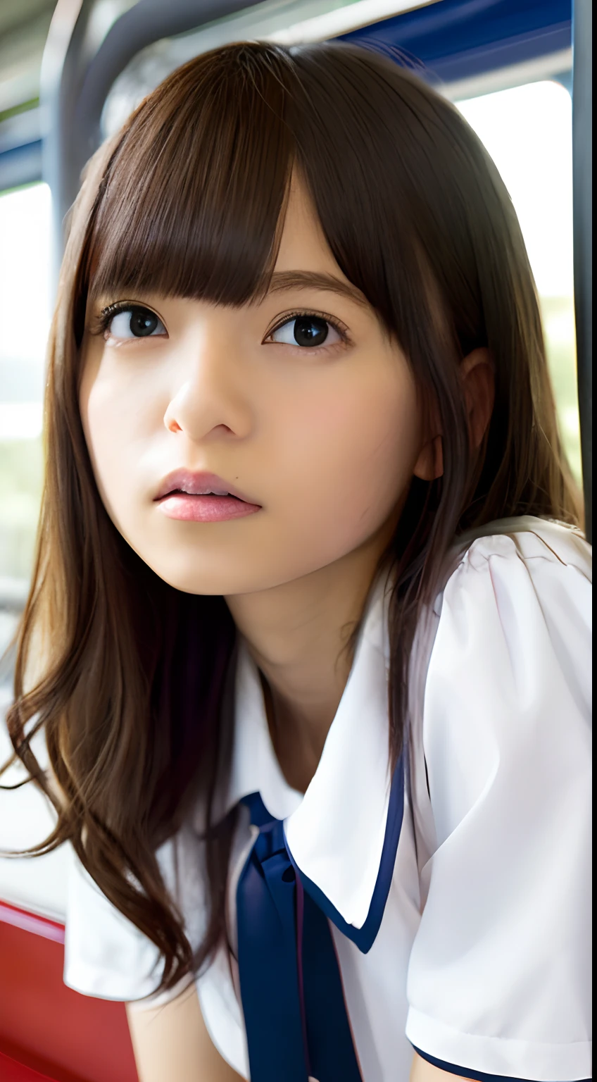 (masutepiece, Best Quality:1.2), 8K, 15yo student, 85 mm, Official art, Raw photo, absurderes, White dress shirts, Pretty Face, close up, Upper body, violaceaess, gardeniass, Beautiful Girl, Wet and see-through school uniform, (Navy pleated skirt:1.1), Cinch West, thighs thighs thighs thighs, Short sleeve, on train, Sit on a bench seat, Looking at Viewer, No makeup, (Smile:0.4), Film grain, chromatic abberation, Sharp Focus, face lights, clear lighting, Teen, Detailed face, Bokeh background, (dark red necktie:1.1)、Wet clothes