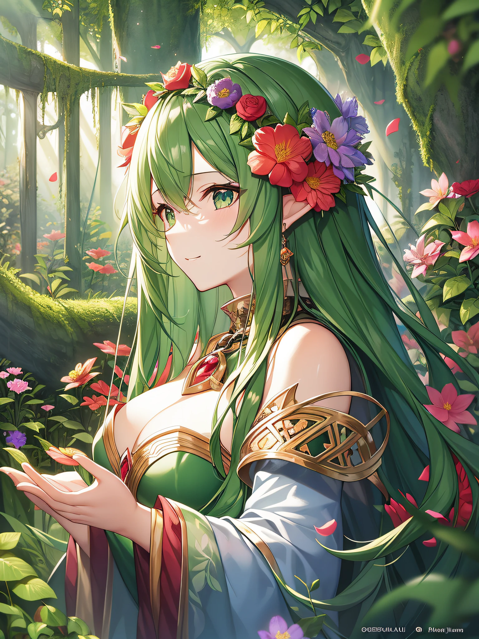 Outrageous resolution+++、​masterpiece++、top-quality++、ultra-definition++、ultra-definition++、4k++、8k++、from side、（Background Focus）++、Sexily dressed woman casts a spell on a dryad covered with plants and flowers living in a forest destroying a city、Runes with forest plants and flower-covered dryads、The magic of the dryads covered in forest plants and flowers、Dryads covered with forest plants and flowers flying above、A magician with a dryad covered with plants and flowers that live in the forest、Goddess of plants living in the forest and a dryad covered with flowers、detailed fantasy art、fantasy art style、Blake Witch in a beautiful ancient forest with plants and flower-covered dryads、Queen of forest plants and flower-covered dryads、Fantasy Art Behans、A magician with a dryad covered in plants and flowers living in a beautiful forest、A magician with a dryad covered in plants and flowers living in a beautiful forest、Fragments of plants living in shiny floating forest and flower-covered dryads、A magic circle of dryads covered with forest plants and flowers、 Sparks of dazzling forest plants and flower-covered dryads、A chain of dryads covered with plants and flowers living in the forest、Dryads covered with forest plants and flowers、Dryads covered with plants and flowers living in the forest with hair blowing in the wind、Blake Isekai Beautiful、Crown of forest plants and flower-covered dryads、Detailed clothing、Mischievous aura、Bewitching face、tall body、Mature body、seductive body、爆乳、detailed beautiful faces、detailed shiny eyes、Detailed skin、Full body break、detaileds、realisitic、4K highly detailed digital art、octan render、bio luminescent、BREAK8K resolution concept art、真实感、Mappa Studio、​masterpiece、top-quality、Official Art、illustratio、Ligne Claire、(cool_color)、perfect-composition、absurderes、Fantasia、Focused、thirds rule