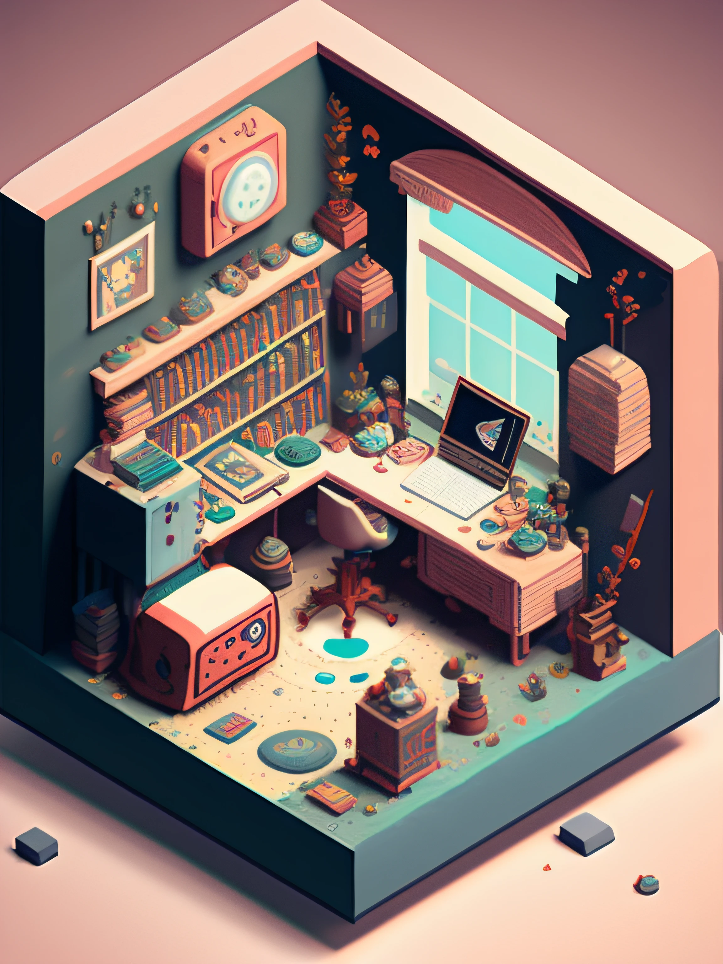A miniature study space, isometric design, multicolour, cartoon style, insane details, pastel colours, many details in the decour, escher style, hyperdetailed