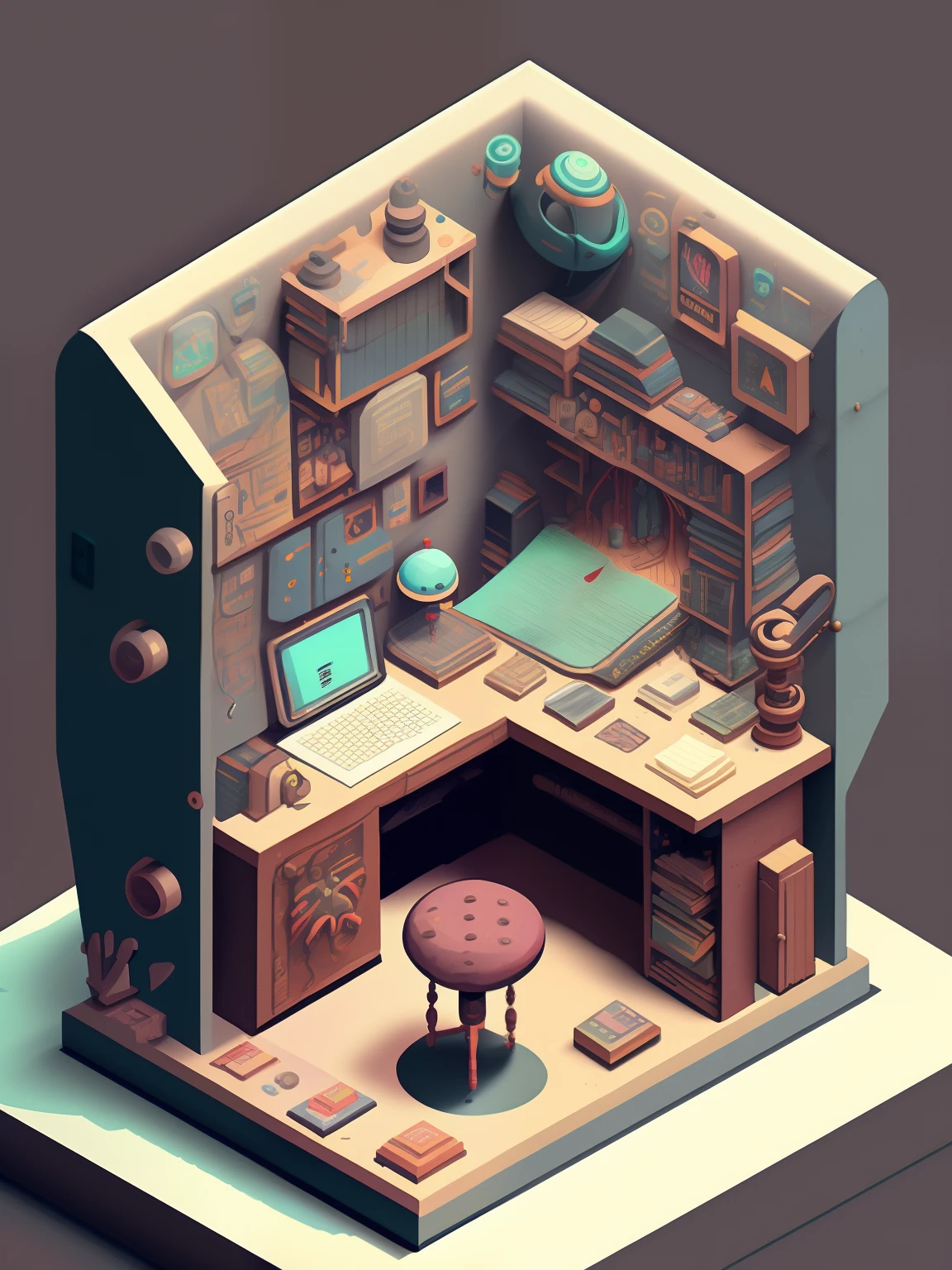 A miniature study space, isometric design, multicolour, cartoon style, insane details, pastel colours, many details in the decour, escher style, hyperdetailed