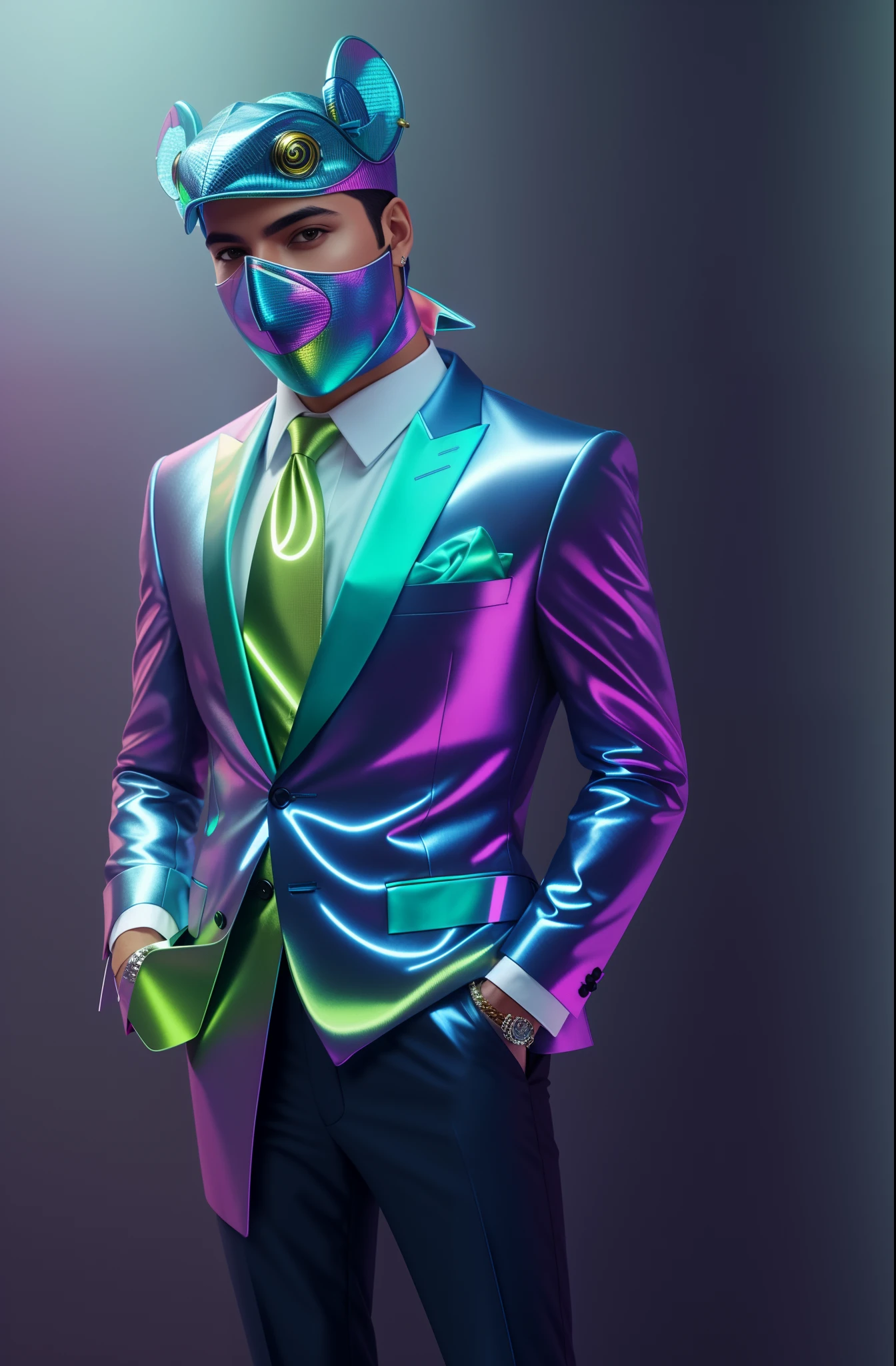 A full-body photo of businessman with royal chameleon head wearing metallic silver suit Geko artwork melts into neon color colors flowing down, 12k