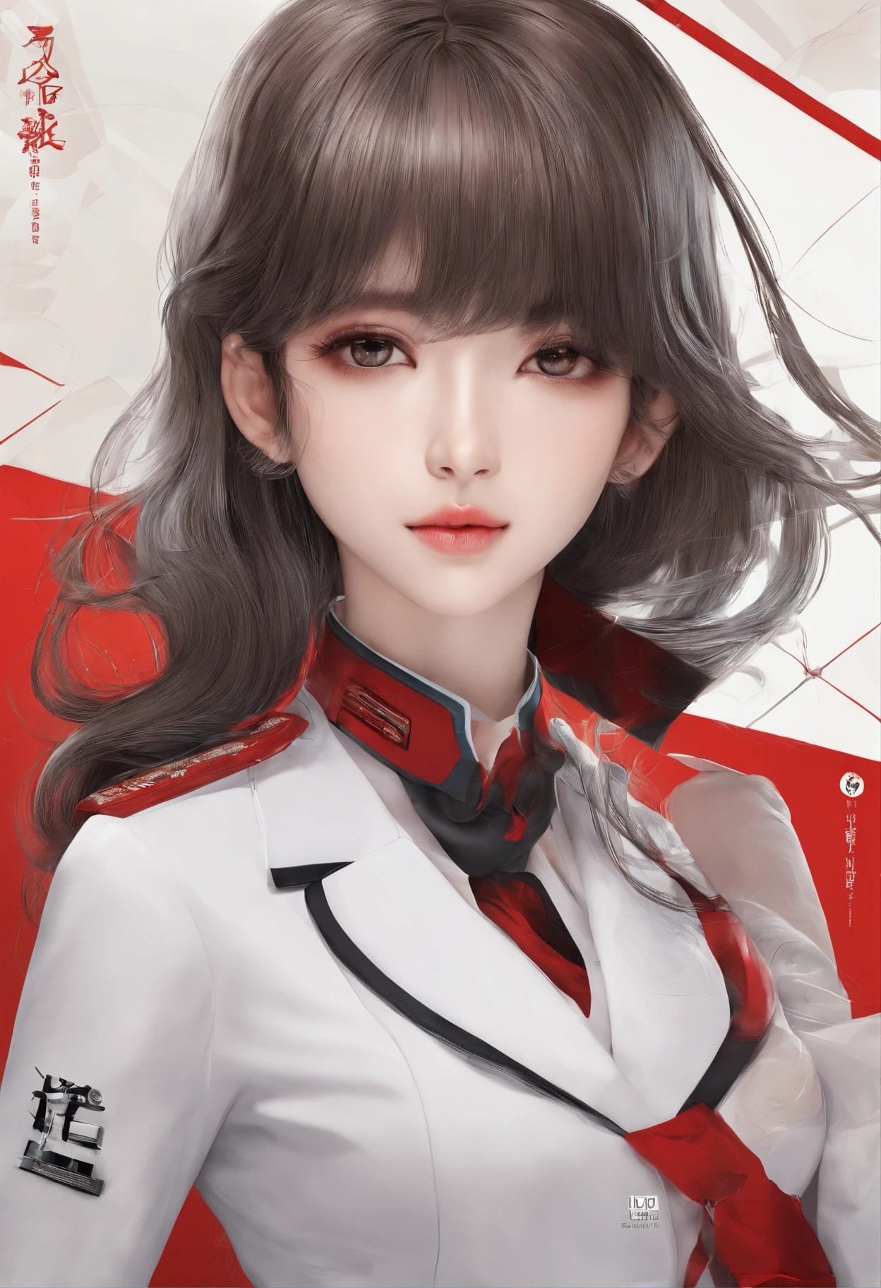 Best quality, High details, high resolution, HD, 16k,Close-up photo of shoulder length short brunette girl in suit uniform, ultraclear, Flawless and delicate face, Truly delicate skin,beautiful, Delicate and clear eyes, Look at the screen, Simple, (simple red background)