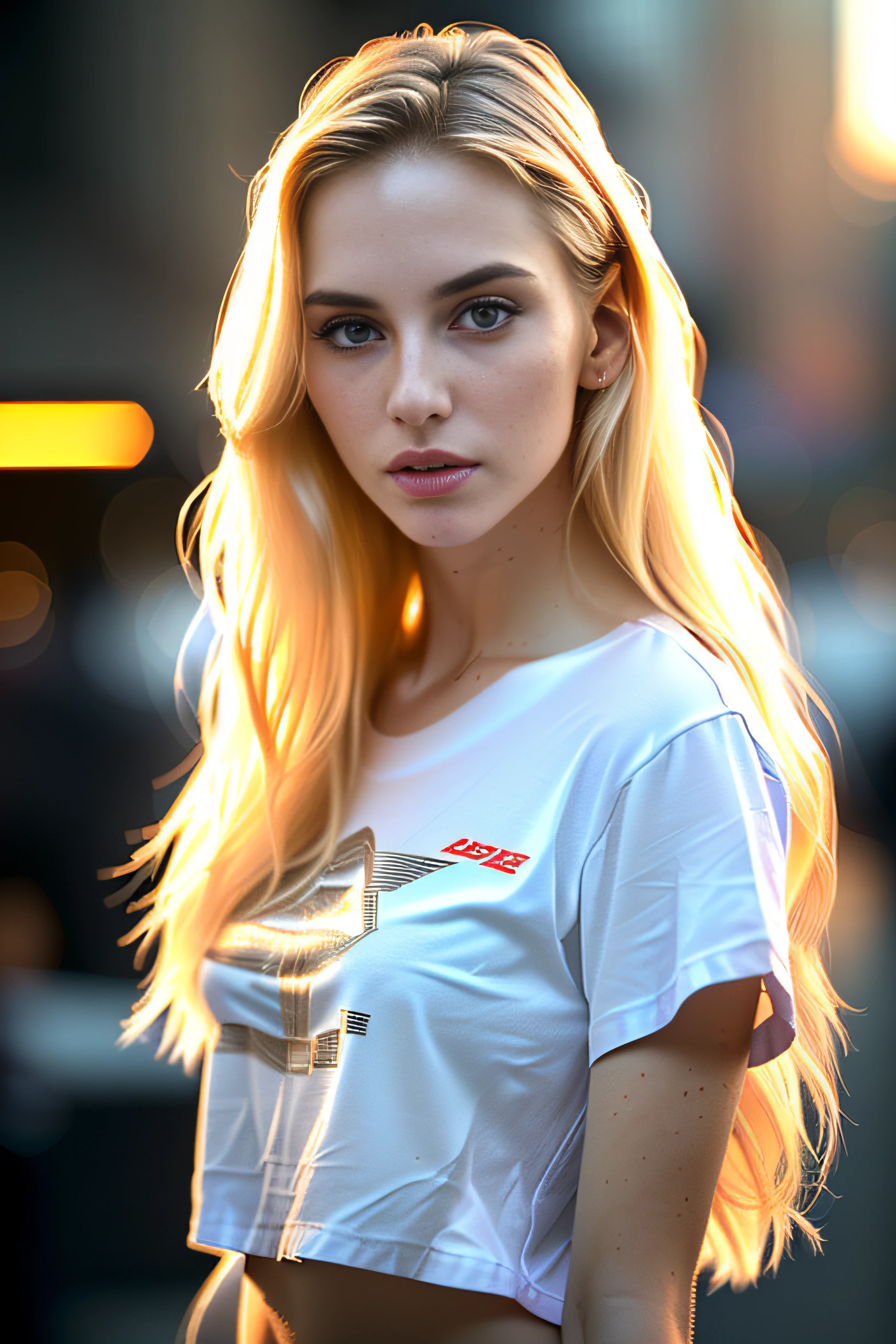 gorgeous woman with extra long wavy blonde hair, detailed alluring eyes, long sexy legs, wearing tiny shorts, t-shirt, ((detailed facial features)), (finely detailed skin), pale skin, realistic skin texture, extreme skin details, (pores:0.1), in the background beautiful futuristic cyberpunk city, best quality masterpiece, photorealistic, hyperrealistic, detailed, 8k, HDR, (Soft color: 1.2), shallow depth of field, broad light, high contrast, backlighting, bloom, light sparkles, chromatic aberration, sharp focus, RAW color photo