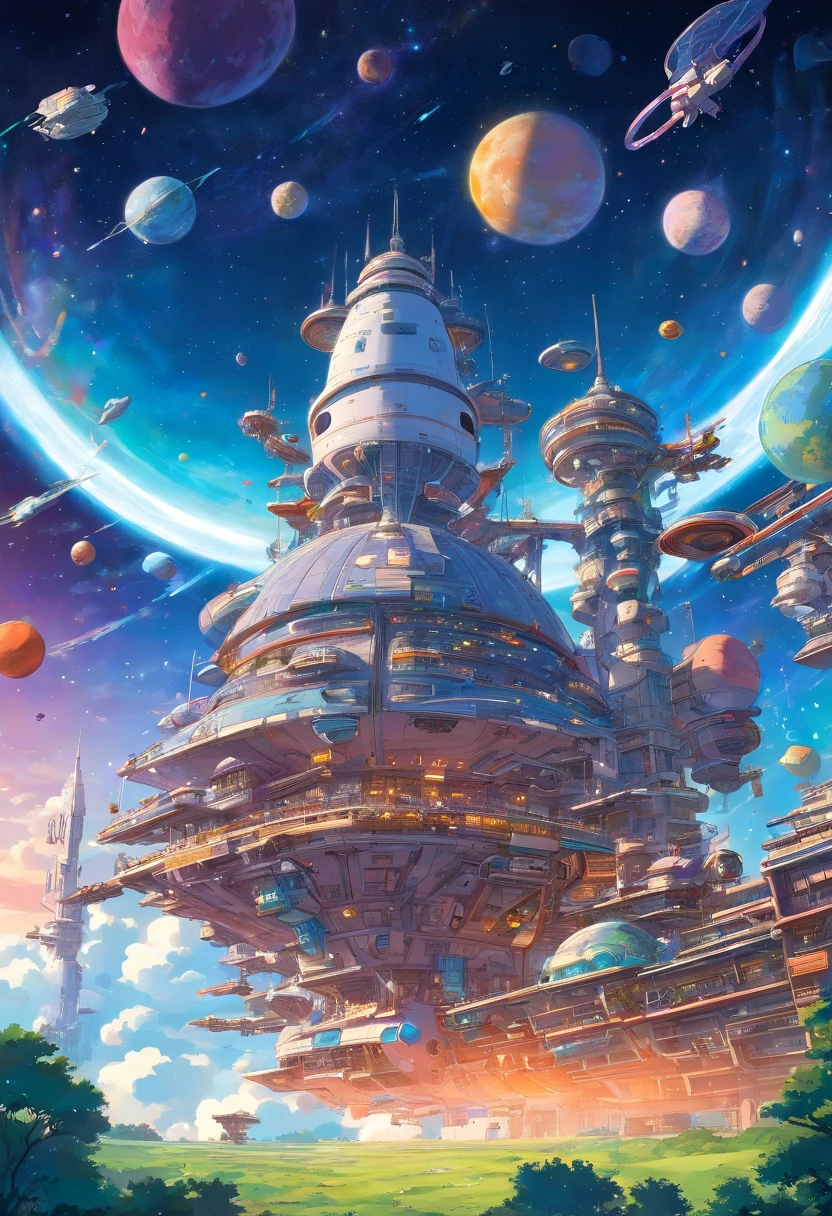 A futuristic space station floating in orbit, with many satellites and space ships flying around station