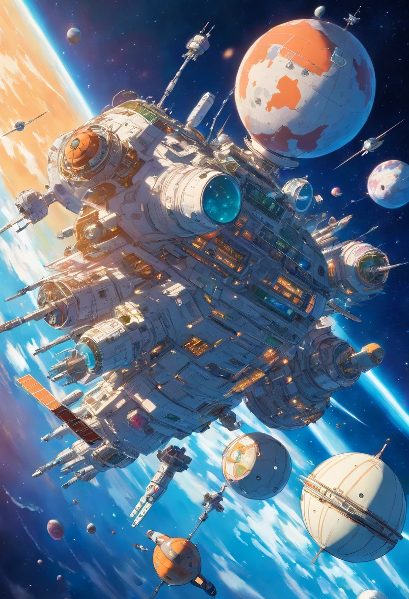 A futuristic space station floating in orbit, with many satellites and space ships flying around station