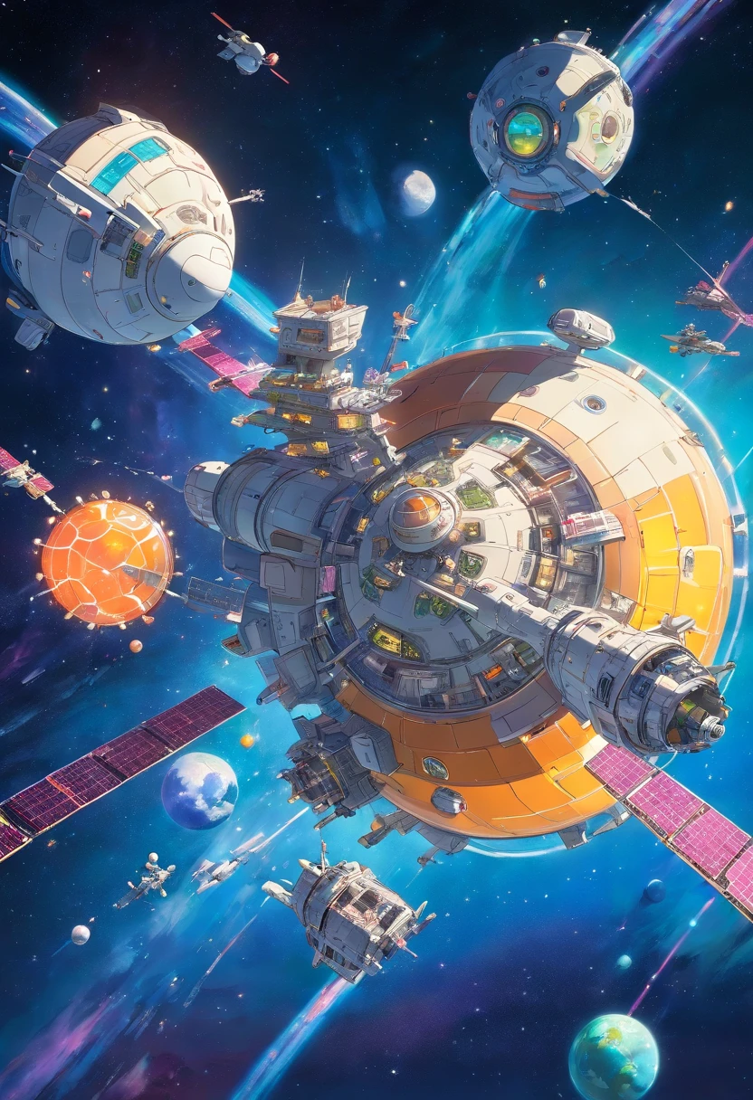 A futuristic space station floating in orbit, with many satellites and space ships flying around station