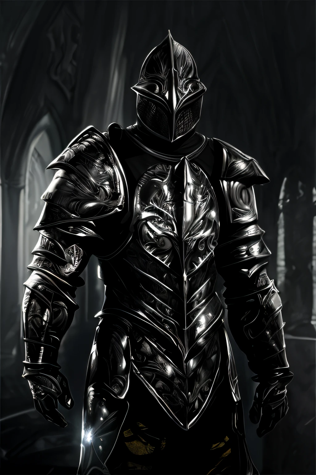 a man in armor standing in a dark room, armadura escura, Conceito de armadura de alma escura, armadura preta, cavaleiro do mal, armadura de sombra, vestido com armadura furtiva, usando uma armadura escura, Armadura preta, pale black armor, armadura preta afiada e elegante, usando armadura preta, armadura preta afiada, armadura de ferro preto, cavaleiro das almas das trevas, gothic knight, armadura preta afiada