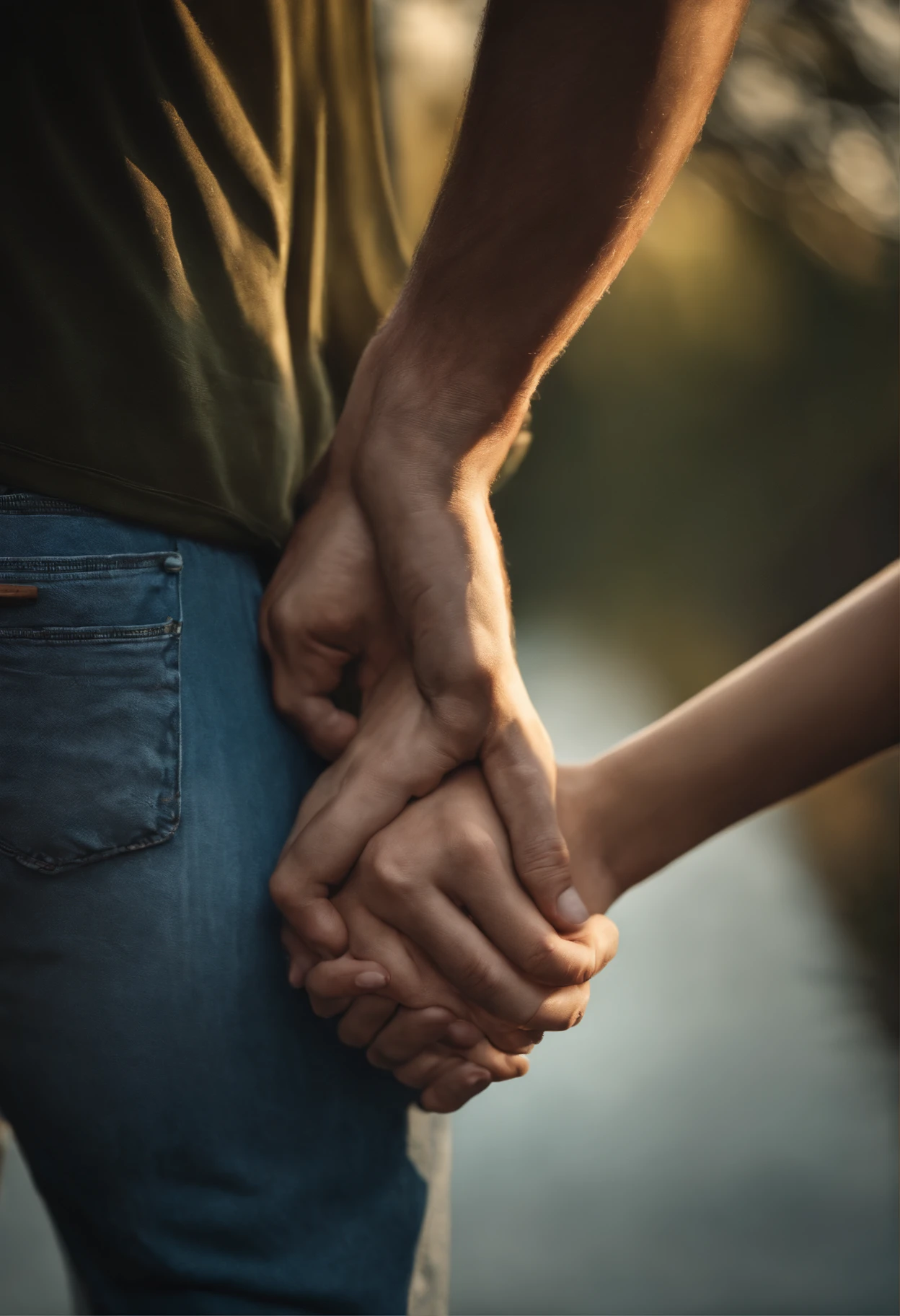 Create me a super realistic image hands of the couple are in the foreground, intertwined in a delicate and loving way.