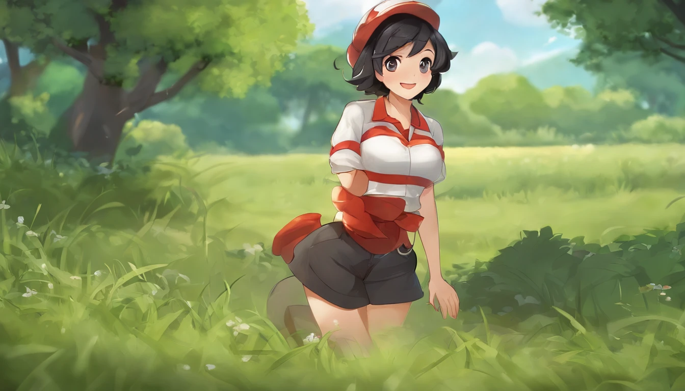 masterpiece, best quality, high resolution, serene 1, 1 girl, serene 1, 1 girl, serene (pokemon), solo, gray eyes, black hair, green shorts, red tiara, shirt, tied shirt,, short hair, short sleeves, shorts, stripes, yellow shirt, belt, middle class shooting, grass, field, smile, standing,