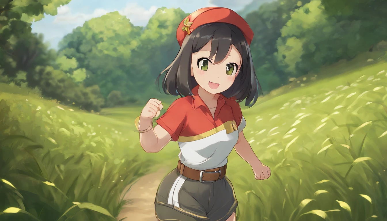 masterpiece, best quality, high resolution, serene 1, 1 girl, serene 1, 1 girl, serene (pokemon), solo, gray eyes, black hair, green shorts, red tiara, shirt, tied shirt,, short hair, short sleeves, shorts, stripes, yellow shirt, belt, middle class shooting, grass, field, smile, standing,