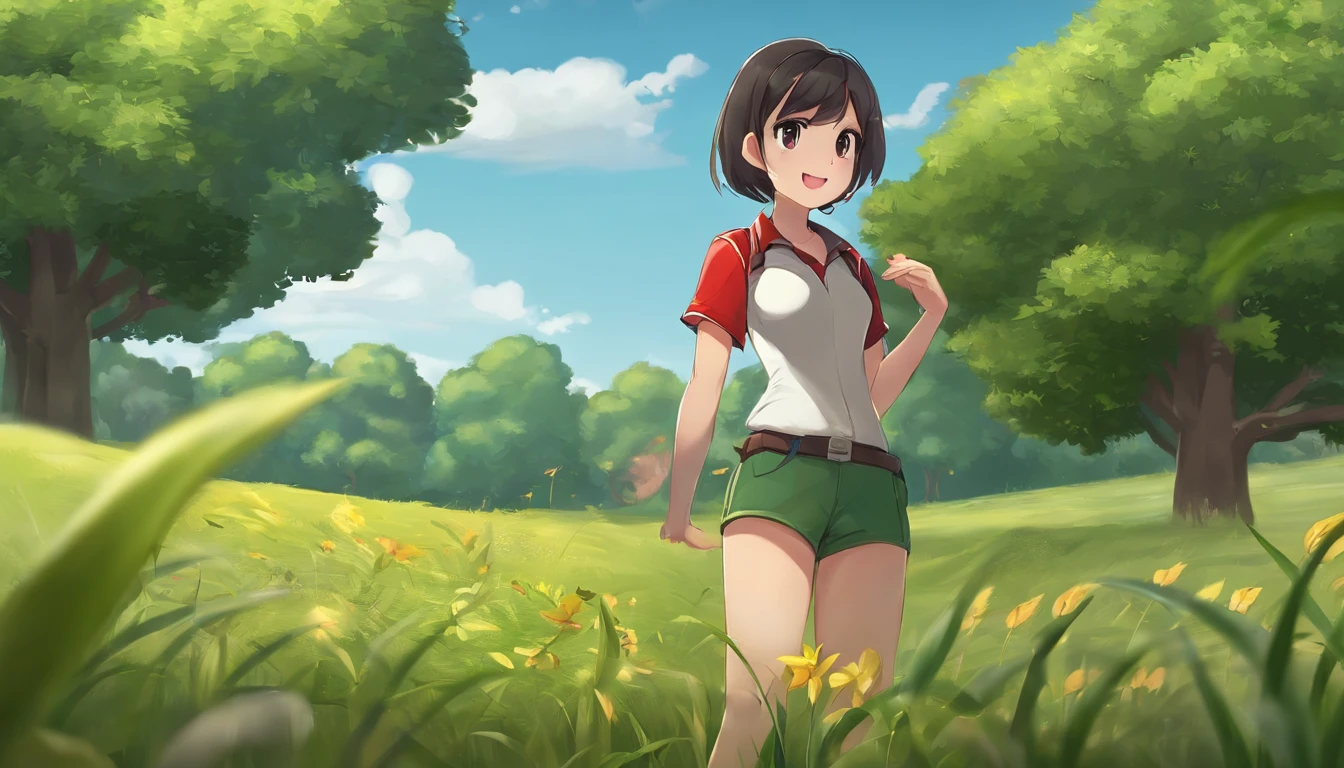 masterpiece, best quality, high resolution, serene 1, 1 girl, serene 1, 1 girl, serene (pokemon), solo, gray eyes, black hair, green shorts, red tiara, shirt, tied shirt,, short hair, short sleeves, shorts, stripes, yellow shirt, belt, middle class shooting, grass, field, smile, standing,