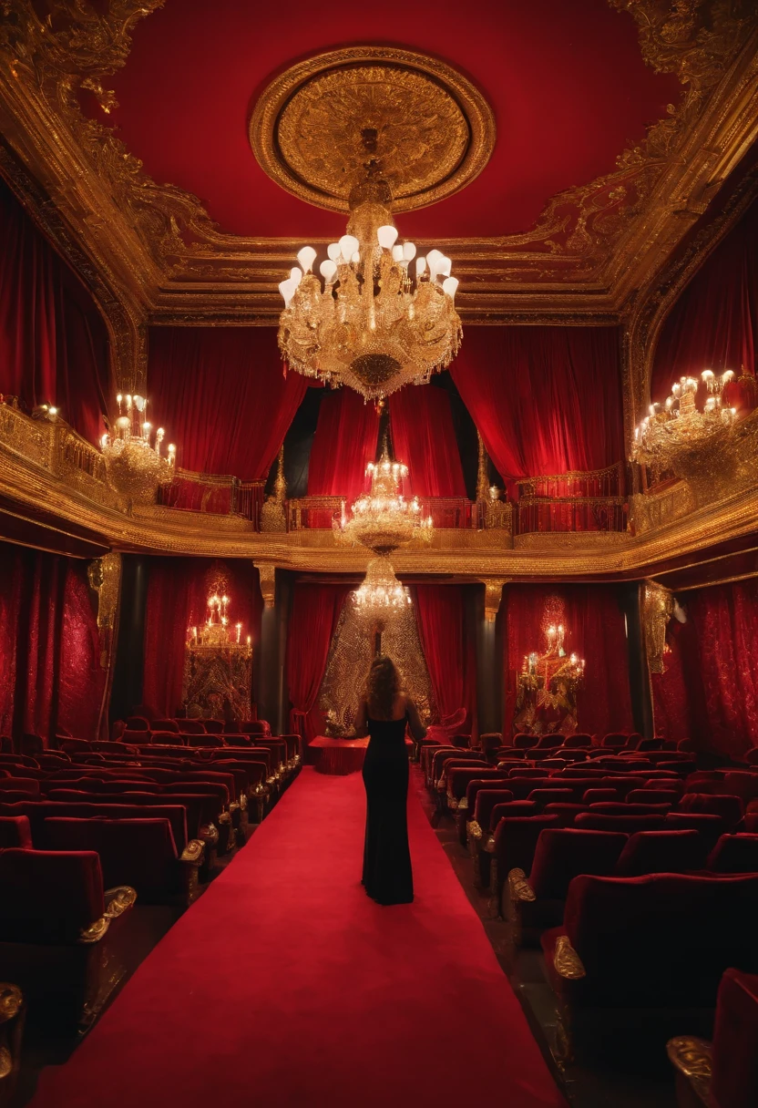 Inside a luxurious theater,Group of female dancers in masks is dancing,Well-dressed visitors sit inside the theater and admire,The scene depicts an atmosphere of luxury,red curtains,Gold ornaments。