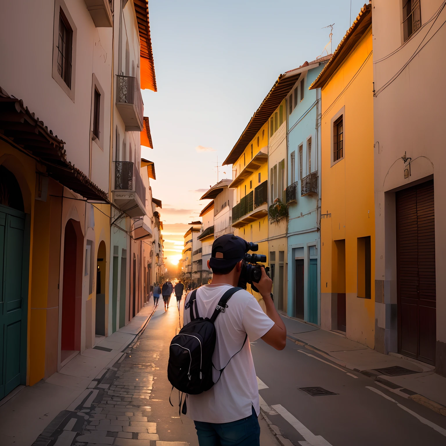 A photographer at work, em uma rua com muitas pessoas, sky with sunset,,
