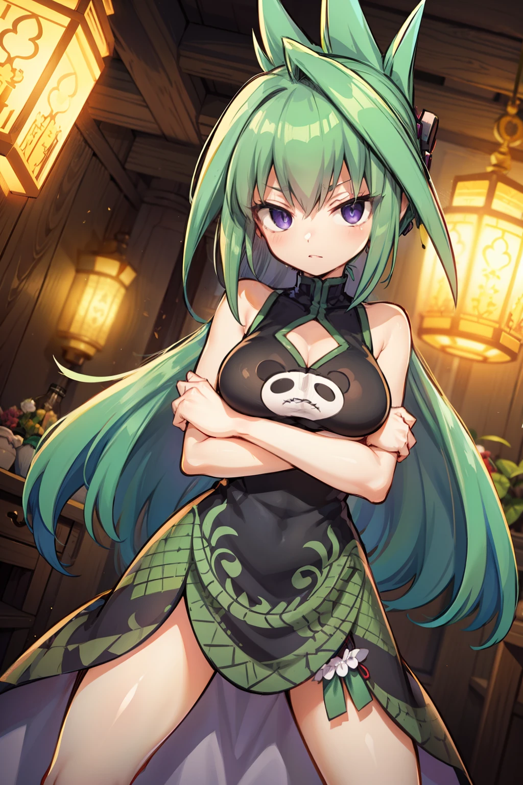masutepiece, Best Quality, Ultra Detail, Dress, Solo, Long hair, breasts, Purple eyes, elbow groves, Large breasts, arms folded, Long legs, ember_jun, Green hair, Standing picture、slit、cleavage cut out,