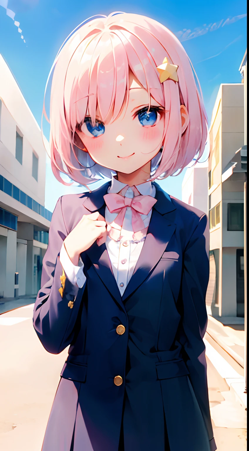 (a short bob、Light pink hair color、Star hair ornament、Blue sky eyes、One High School Girl、tiny chest、kawaii faces、A smile)、blazers