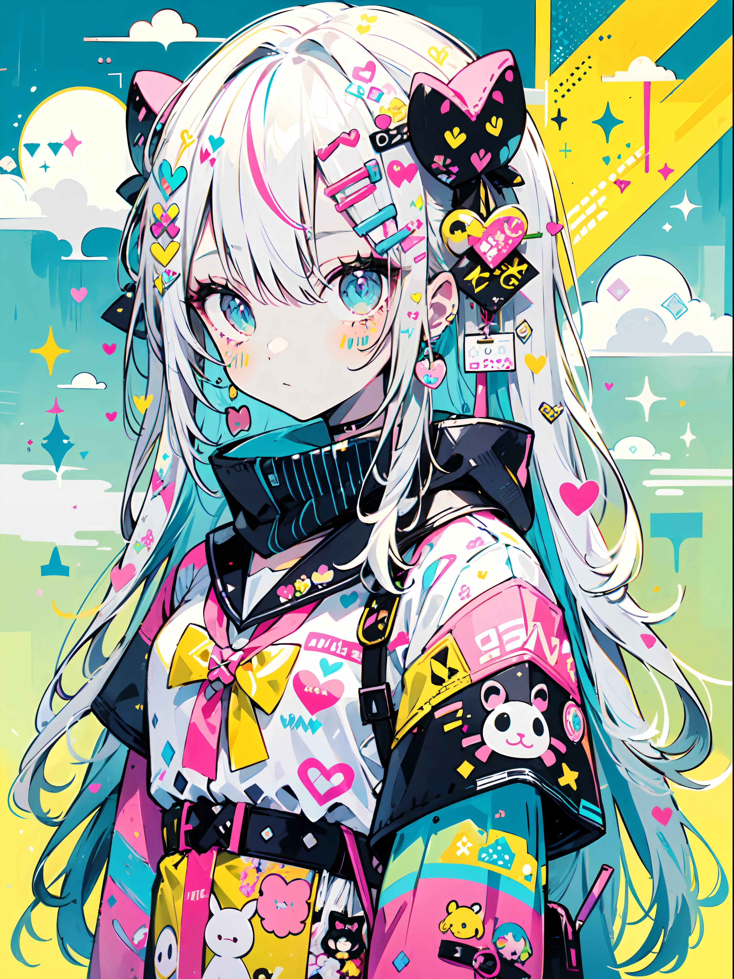 "kawaii, Cute, Adorable girl in pink, yellow, and  blue color scheme. She wears sky-themed clothing with clouds and sky motifs. Her outfit is fluffy and soft, With decora accessories like hair clips. She embodies a vibrant and trendy Harajuku fashion style."