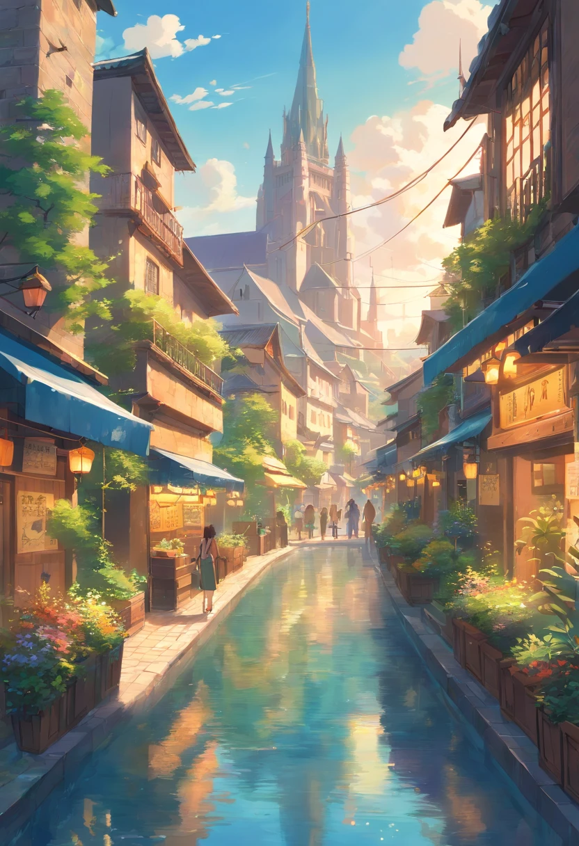 fantasy art, ciudad medieval, Fantasy City, hermosa ciudad con hermosos jardines, parque, bellos edificios, Magnificent fantasy city