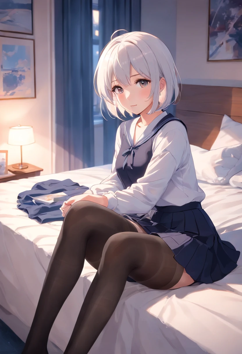 Girl black pantyhose blush white hair JK skirt shy white hair sitting on bed leg,black pantyhoses