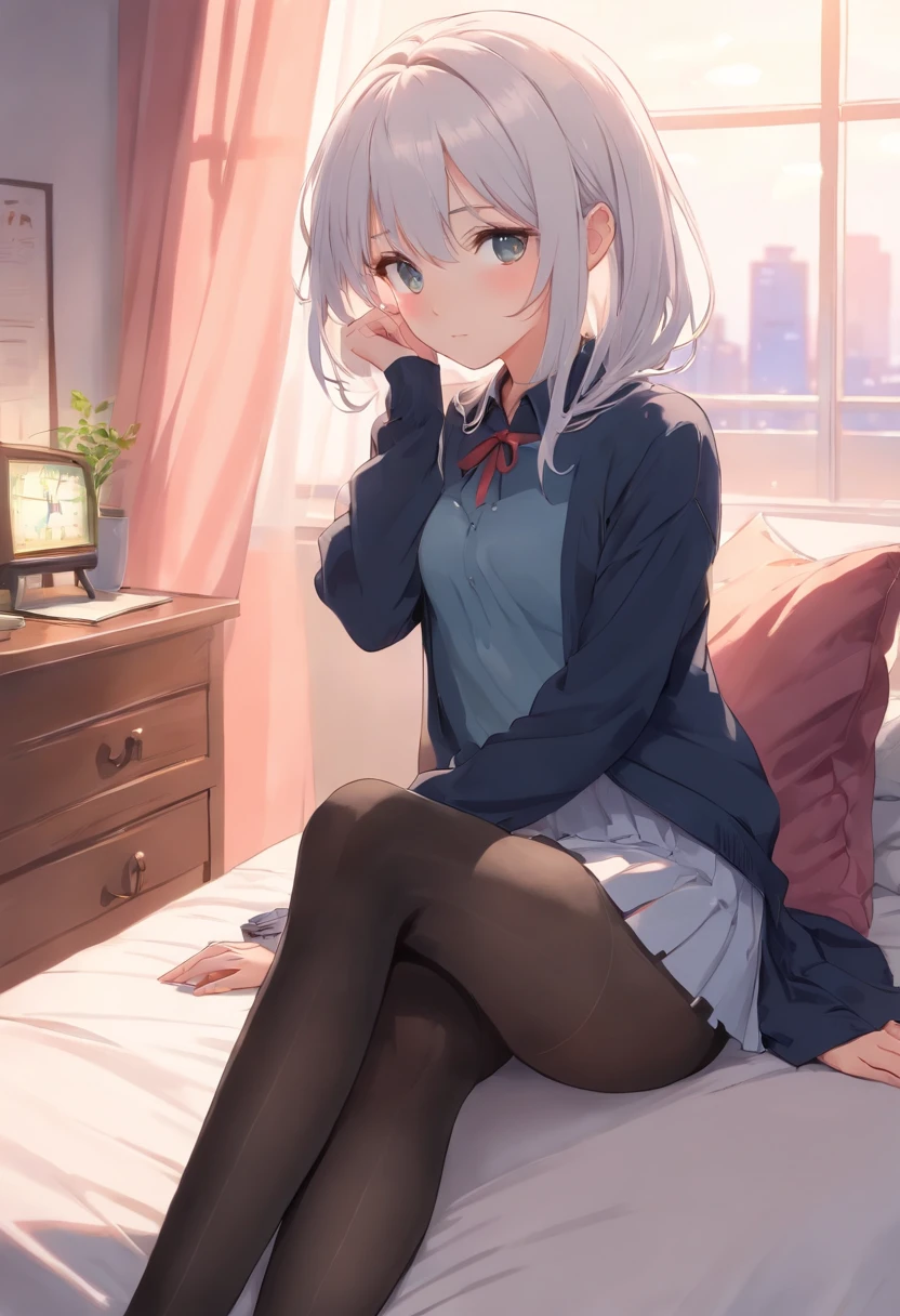 Girl black pantyhose blush white hair JK skirt shy white hair sitting on bed leg,black pantyhoses