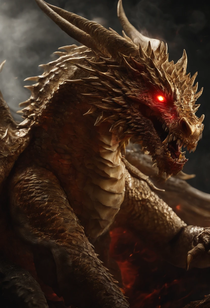 Golden Celestial Dragon with Sharp Red Eyes,Close up shooting blood fire from his nose,Bullmetric Scale,hightquality,8K,many details,Fire Paticulus,Alas,4 legs,Spotted nails,golds,danger,the fire,sharpteeth,Giant Dragon,colossal,threatening,imposing