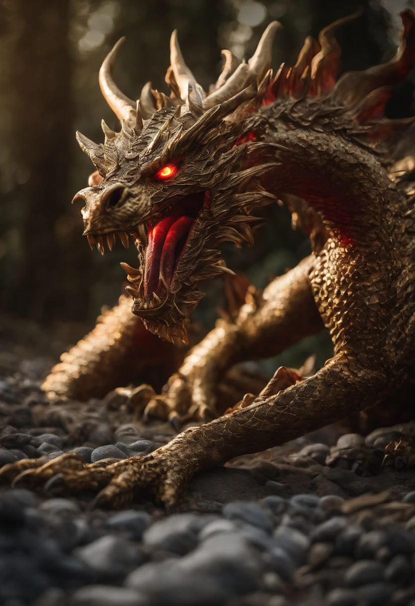 Golden Celestial Dragon with Sharp Red Eyes,Close up shooting blood fire from his nose,Bullmetric Scale,hightquality,8K,many details,Fire Paticulus,Alas,4 legs,Spotted nails,golds,danger,the fire,sharpteeth,Giant Dragon,colossal,threatening,imposing