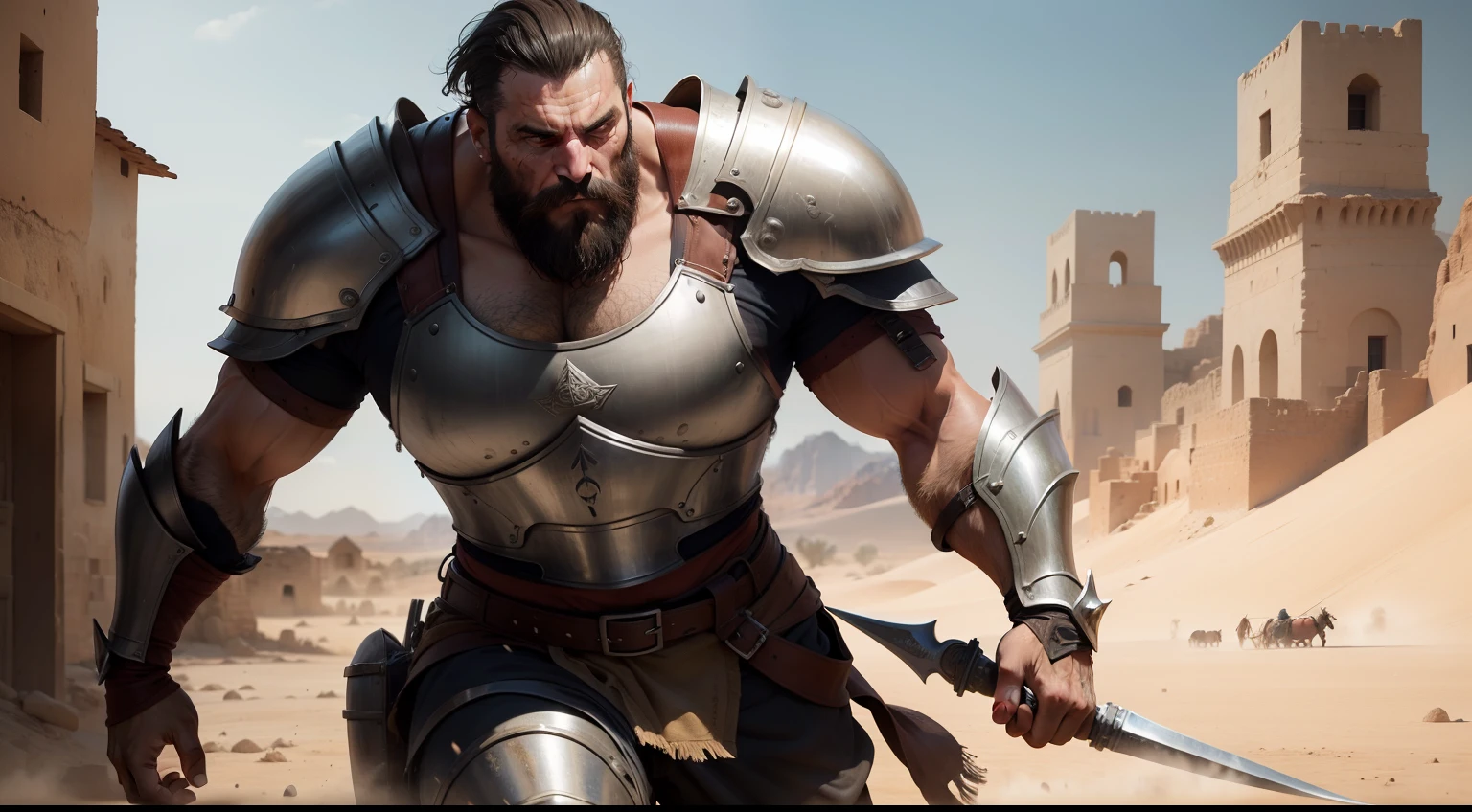 mulher com tunica e veu, vai ao encontro de um gerreiro careca e com barba, Strong man in armor coming from an epic battle background image a village in the desert
