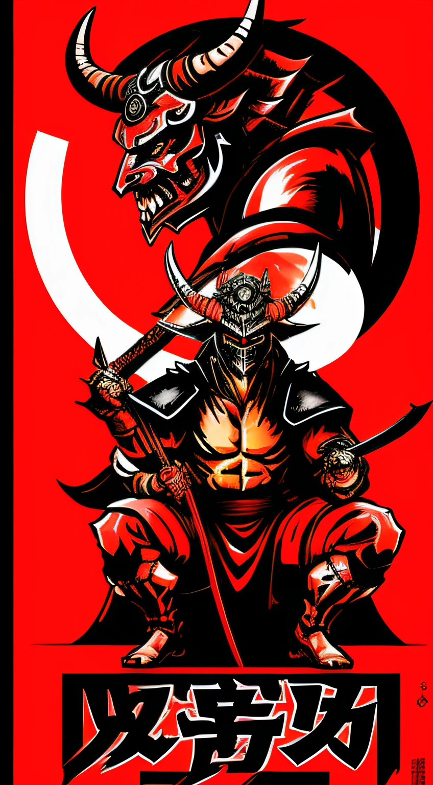 a red and black poster with a demon on it, villain wearing a red oni mask, demon samurai, demon samurai warrior, inspired by Kanō Hōgai, oni horns, samurai with demon mask, oni mask, in style the demon seated, inspired by Tōshūsai Sharaku, moon bull samurai, mika kurai demon