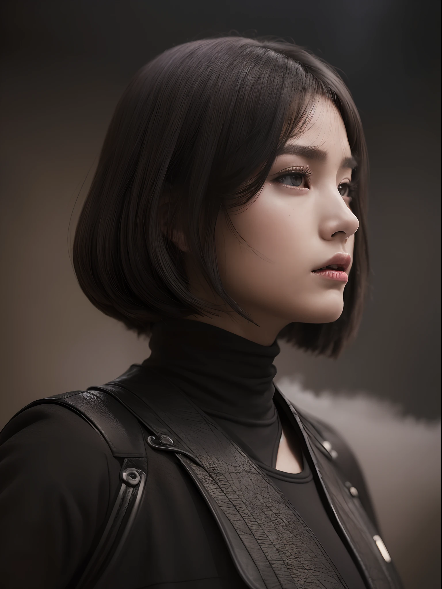 the Extremely Detailed CG Unity 8K Wallpapers、top-quality、ultra-detailliert、masterpiece、studio shoot、close up of face、(Black leather combat suit), realisitic、Photo Real、extremely detailed cute girl、独奏、20yr old、japanes、Melancholy look, Battlefield scenery、(Against the background of black smoke and explosions:1.5), Black smoke、A dark-haired、Long bob cut, out of focus、blur、