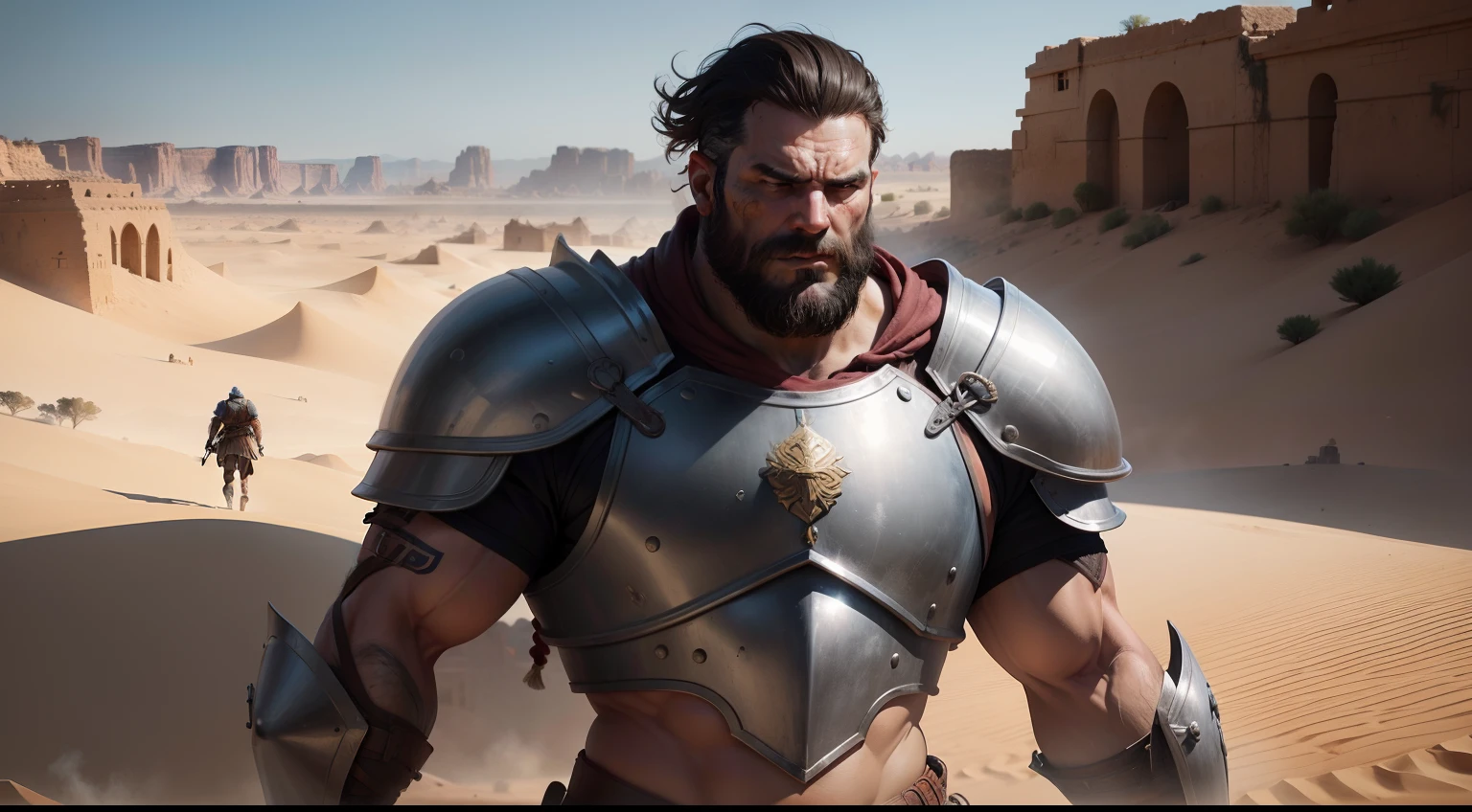 mulher com tunica e veu, vai ao encontro de um gerreiro careca e com barba, Strong man in armor coming from an epic battle background image a village in the desert